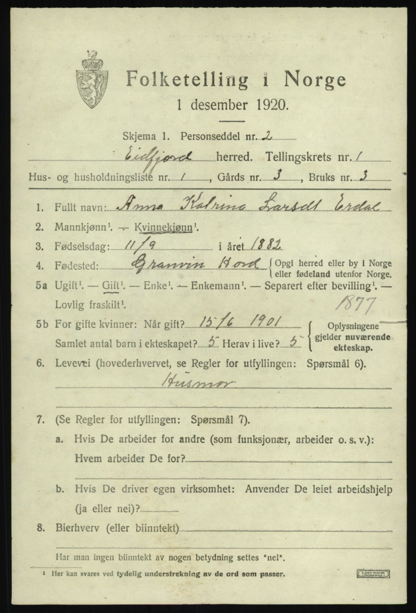 SAB, 1920 census for Eidfjord, 1920, p. 458