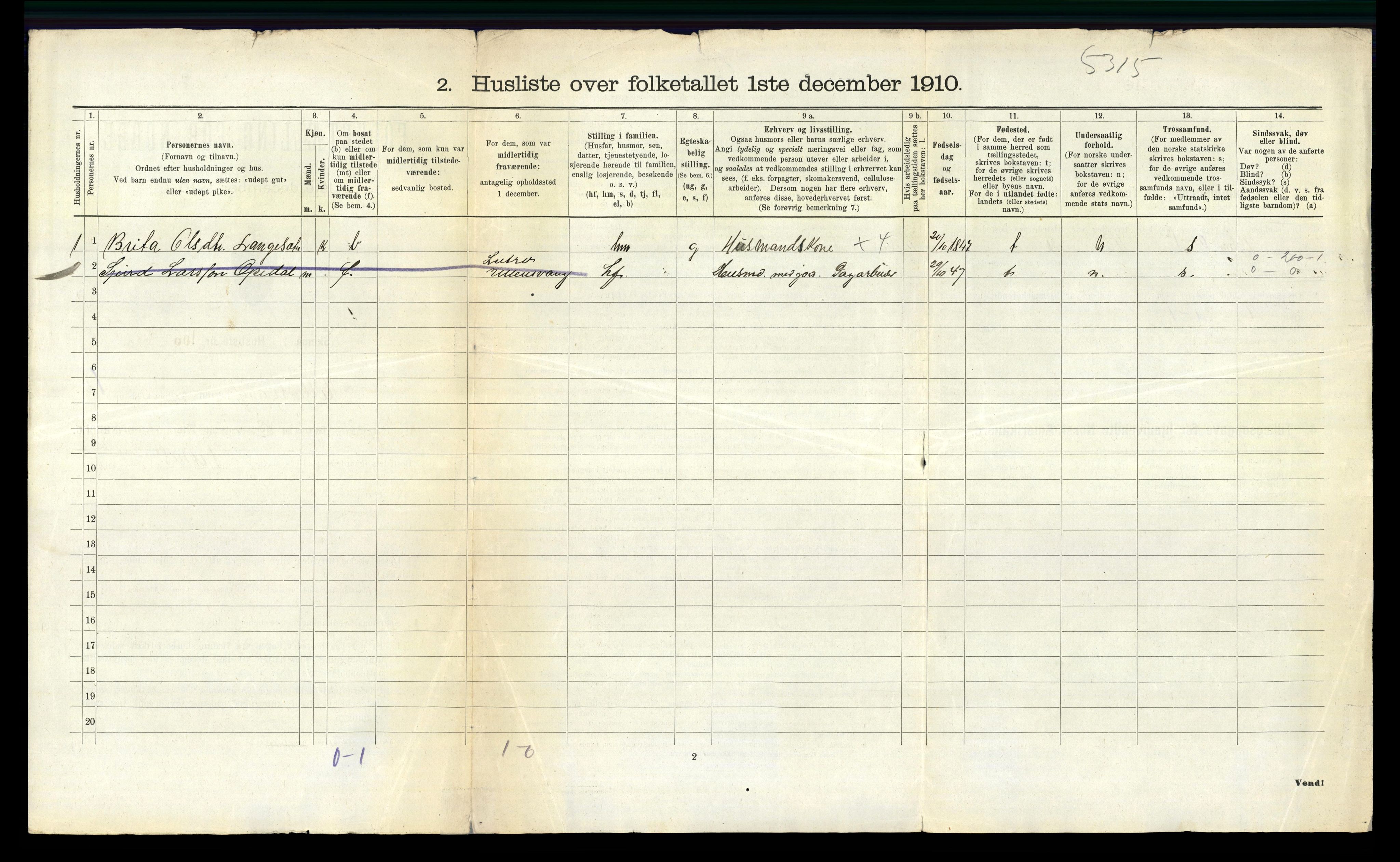 RA, 1910 census for Ullensvang, 1910, p. 1380