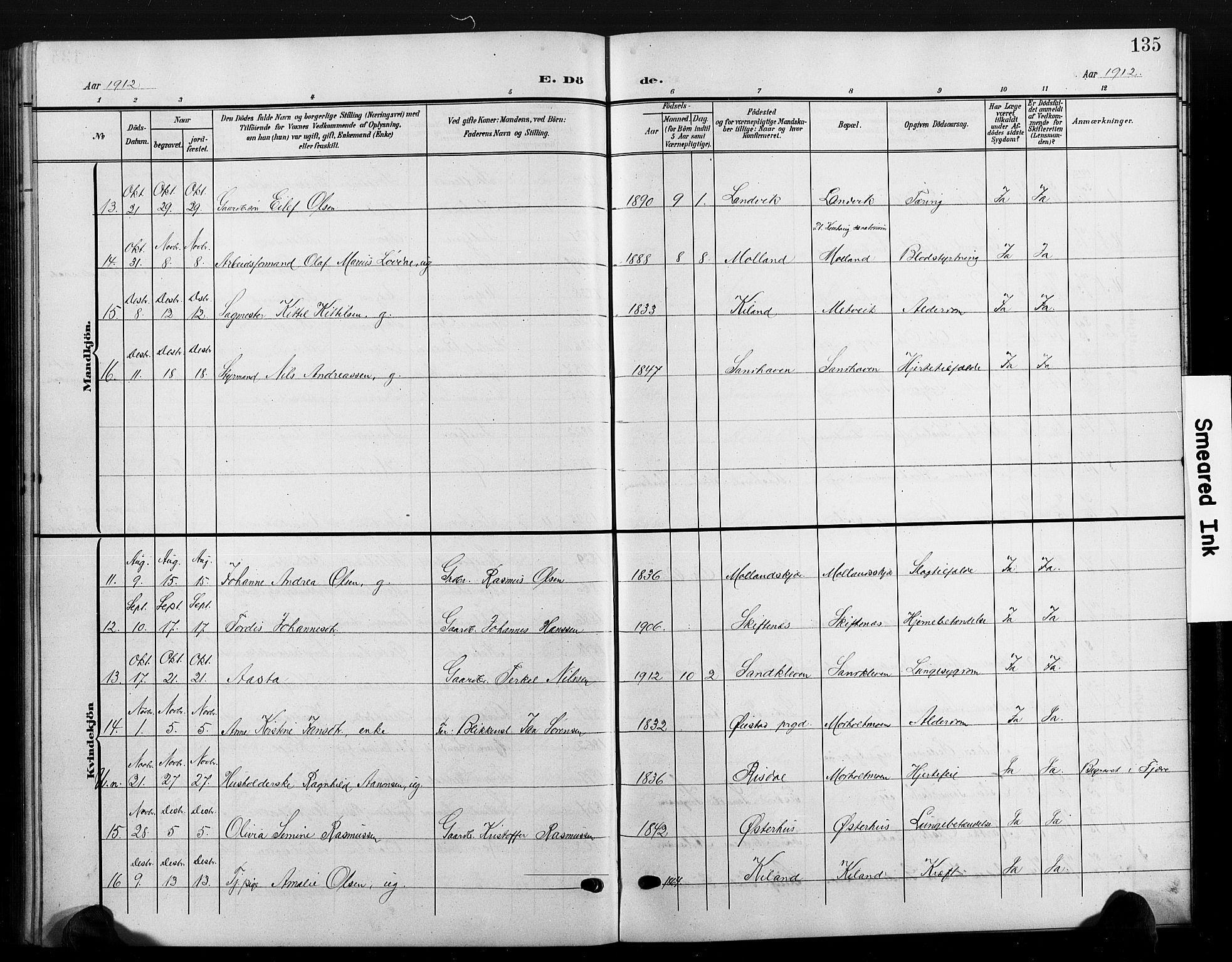 Hommedal sokneprestkontor, SAK/1111-0023/F/Fb/Fbb/L0008: Parish register (copy) no. B 8, 1905-1929, p. 135