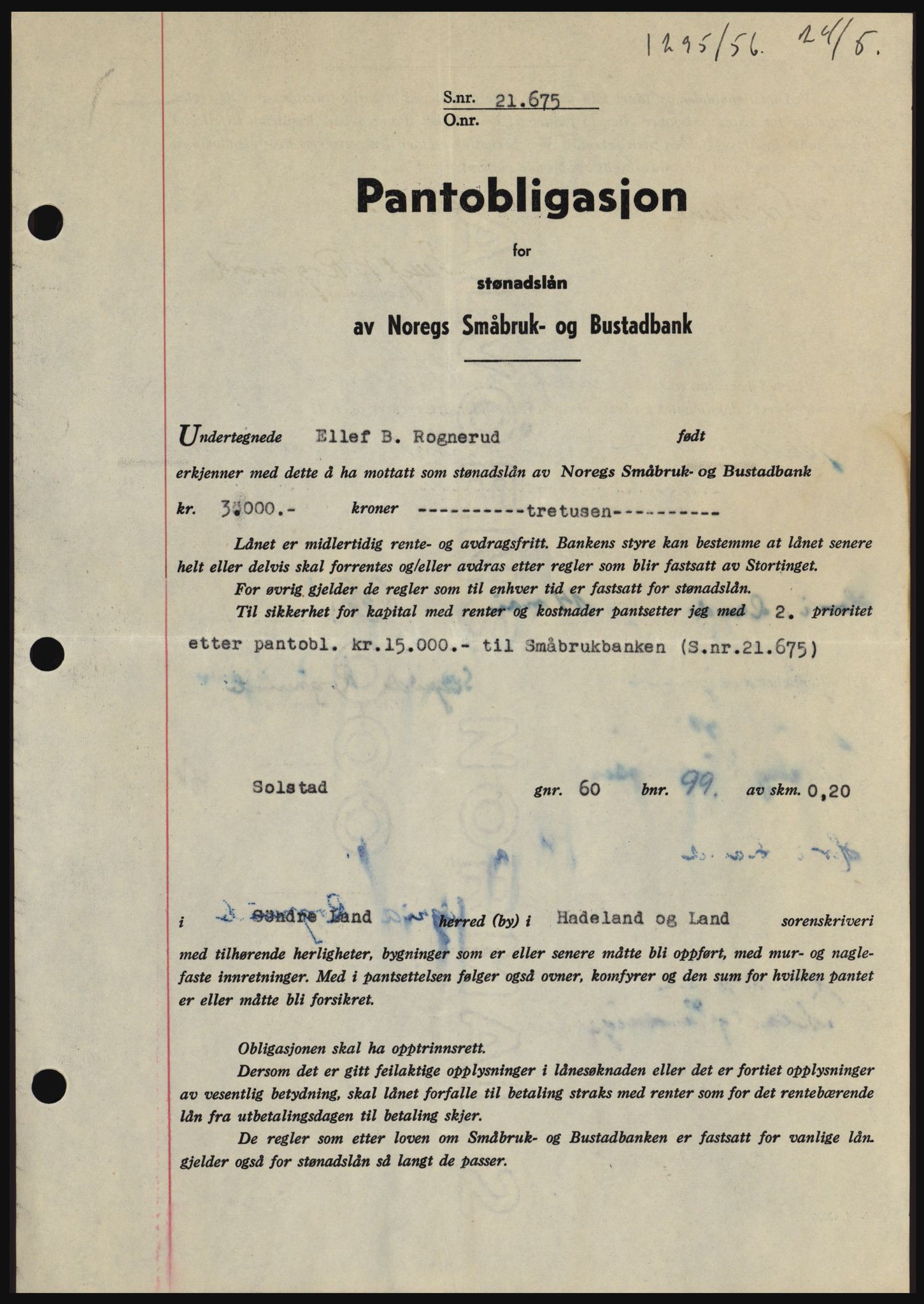 Hadeland og Land tingrett, SAH/TING-010/H/Hb/Hbc/L0034: Mortgage book no. B34, 1956-1956, Diary no: : 1295/1956