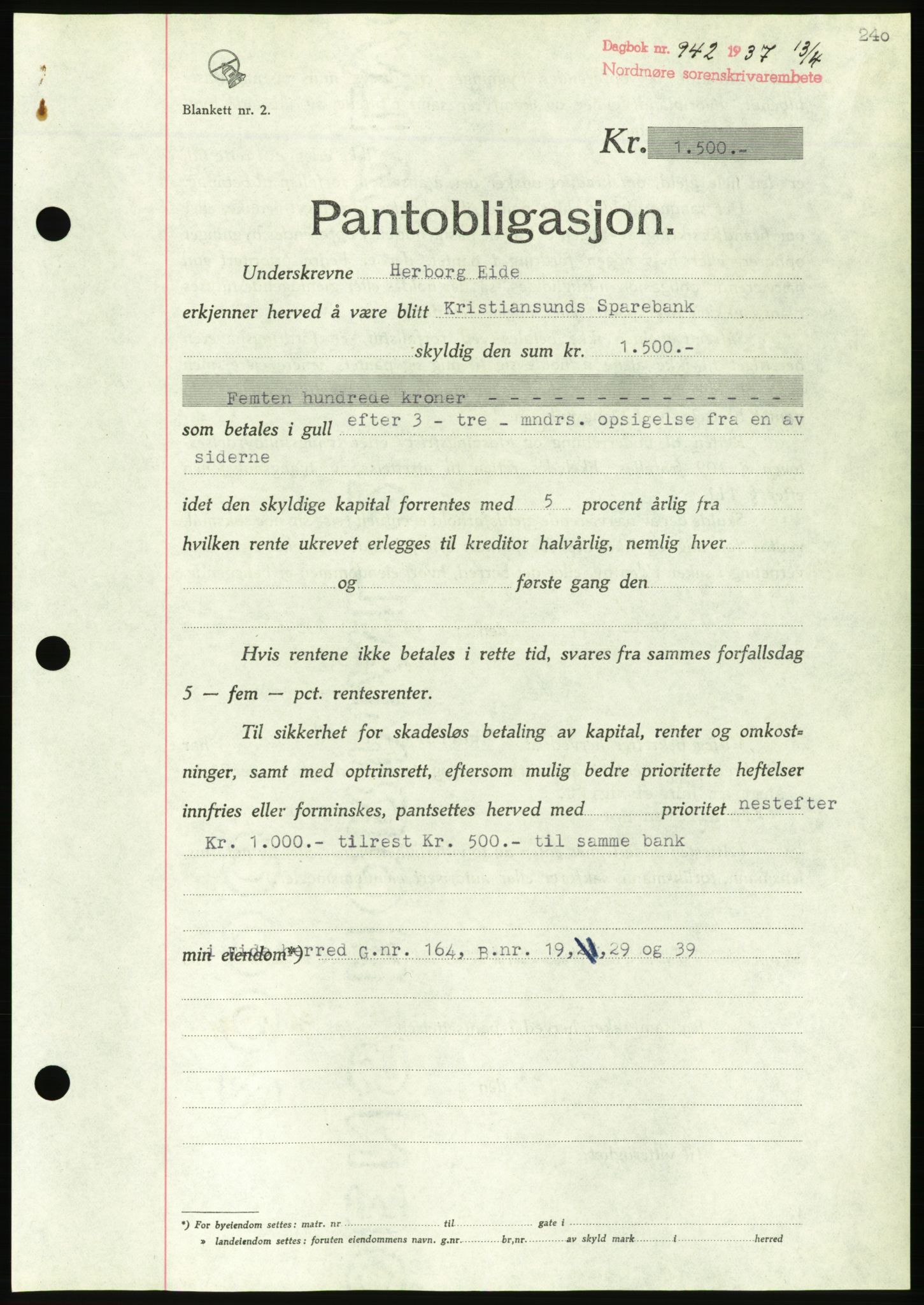 Nordmøre sorenskriveri, AV/SAT-A-4132/1/2/2Ca/L0091: Mortgage book no. B81, 1937-1937, Diary no: : 942/1937