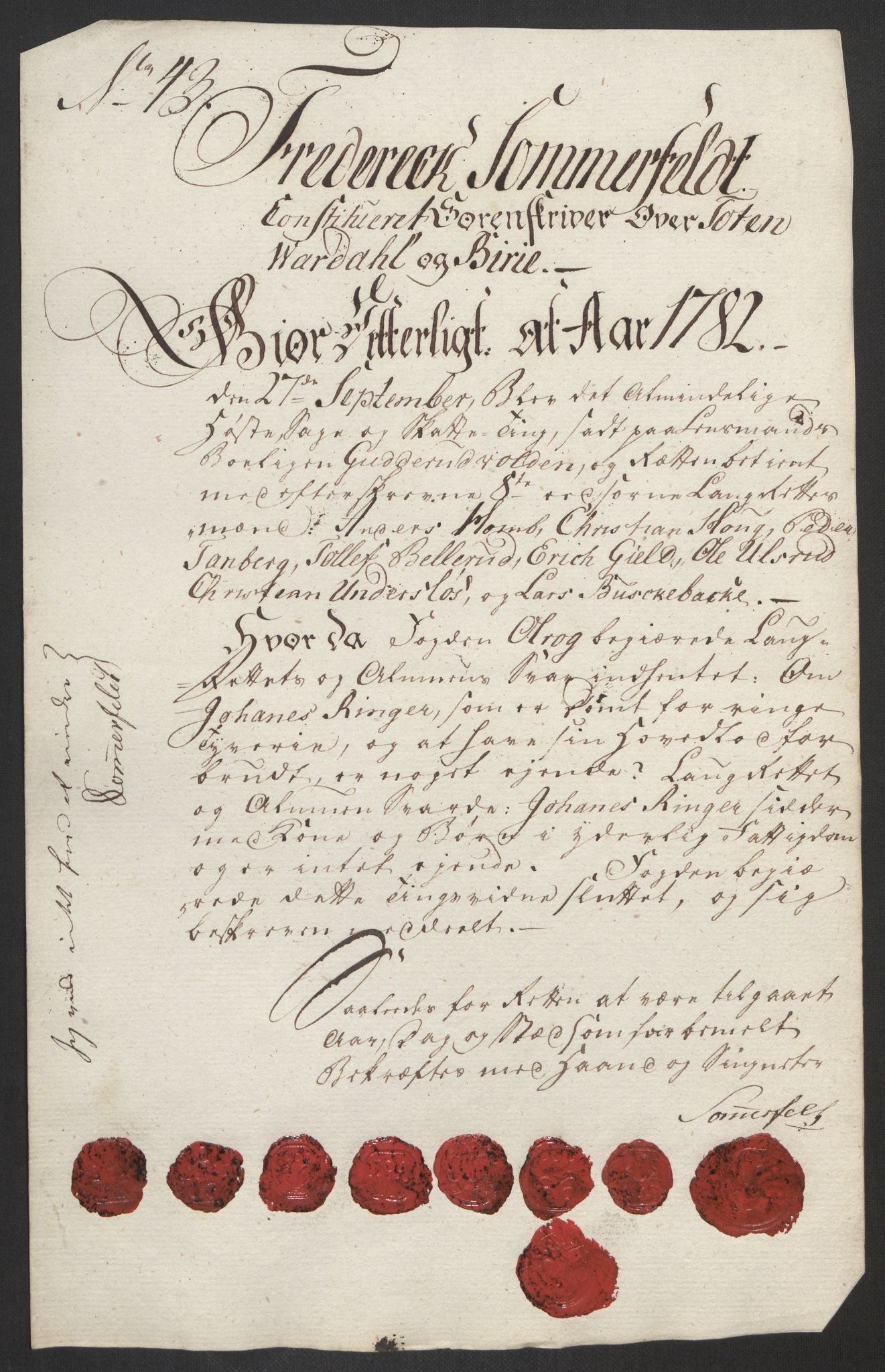 Rentekammeret inntil 1814, Reviderte regnskaper, Fogderegnskap, AV/RA-EA-4092/R19/L1369: Fogderegnskap Toten, Hadeland og Vardal, 1782, p. 170