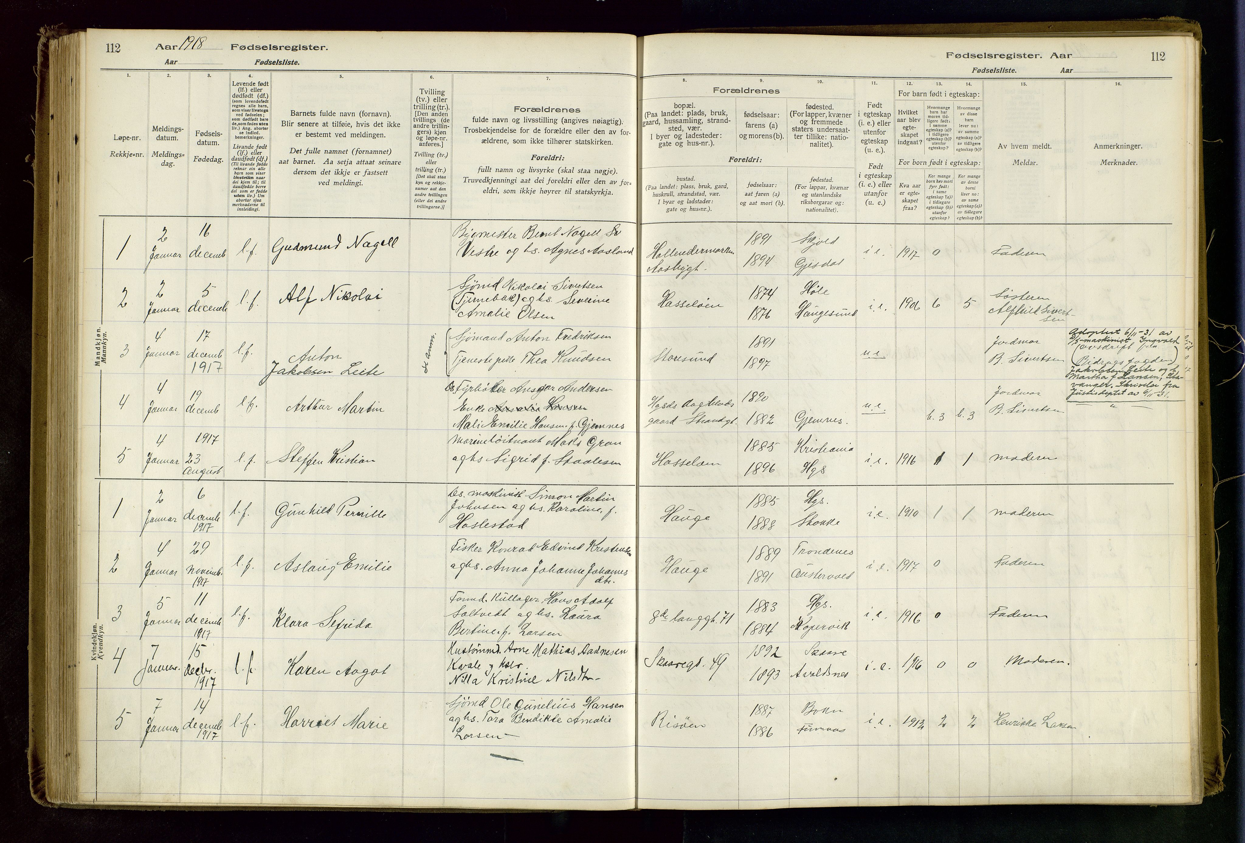 Haugesund sokneprestkontor, AV/SAST-A -101863/I/Id/L0003: Birth register no. 1, 1916-1919, p. 112