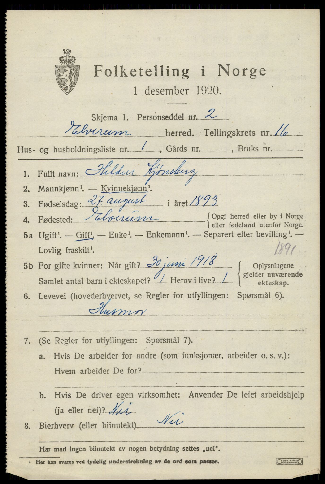 SAH, 1920 census for Elverum, 1920, p. 20794