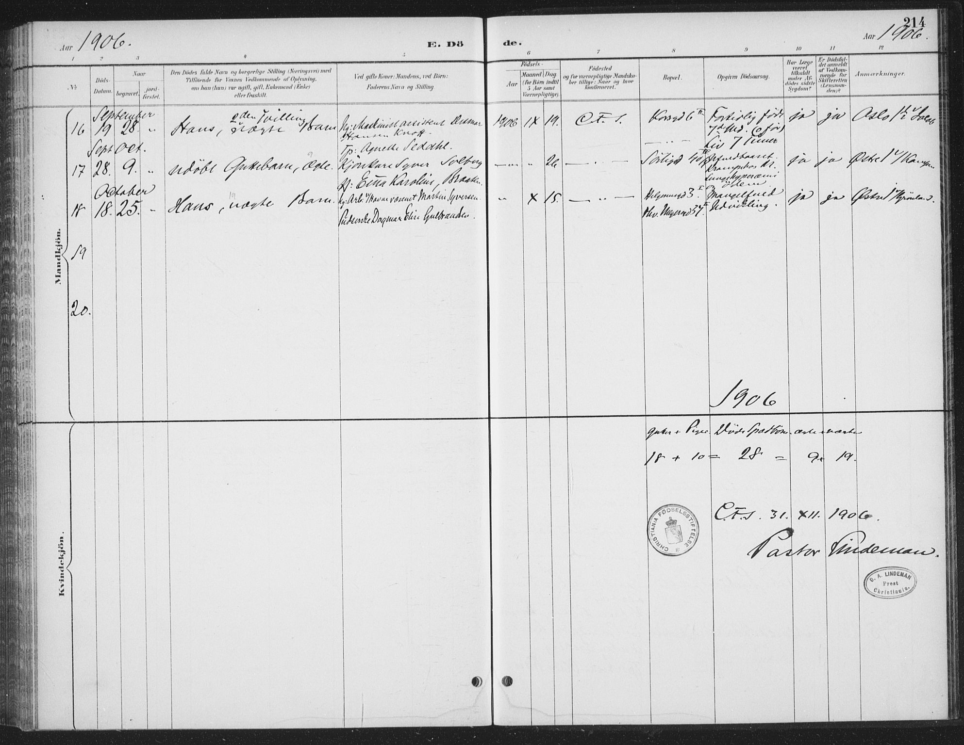 Rikshospitalet prestekontor Kirkebøker, AV/SAO-A-10309b/F/L0010: Parish register (official) no. 10, 1888-1912, p. 214