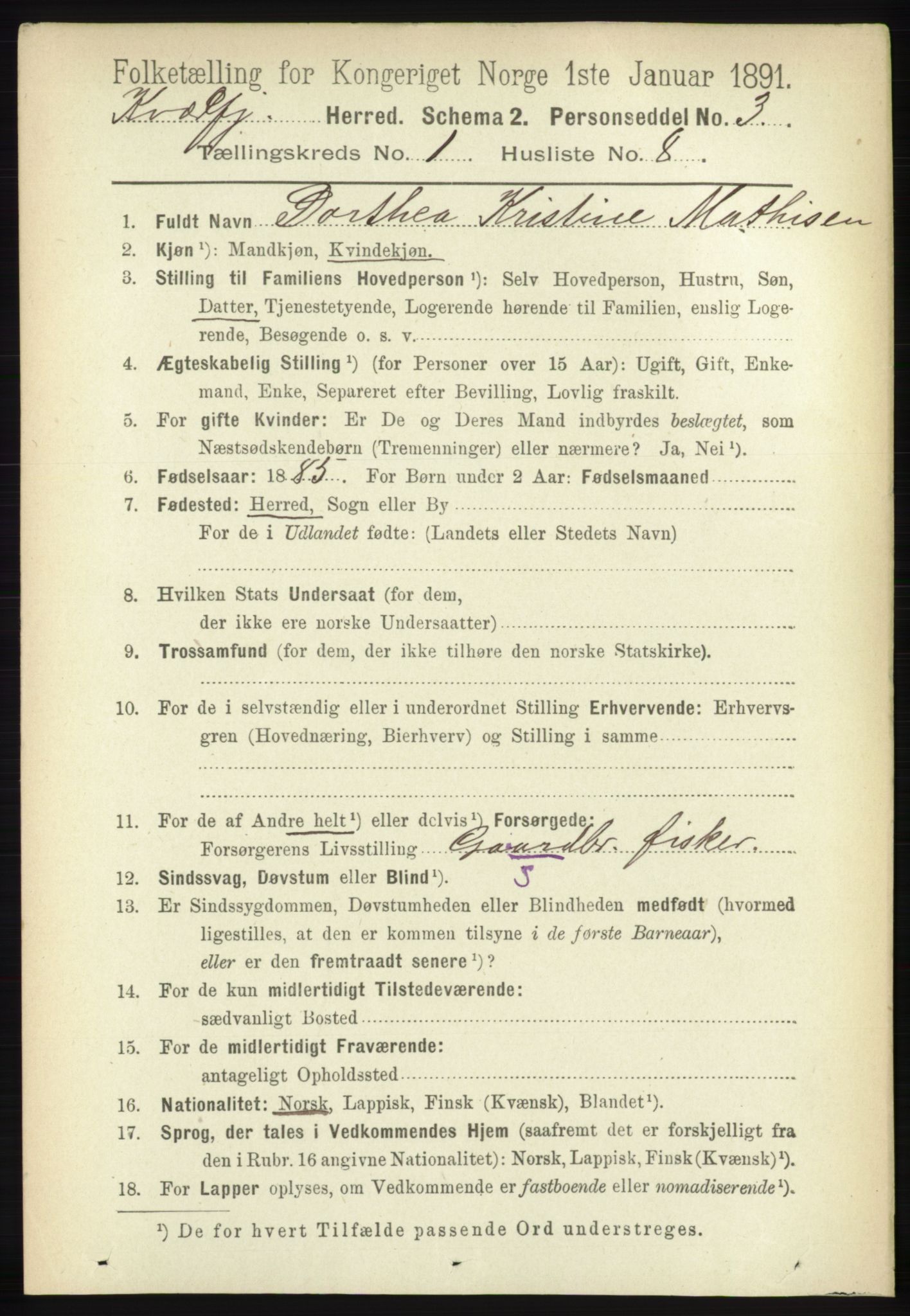 RA, 1891 census for 1911 Kvæfjord, 1891, p. 152