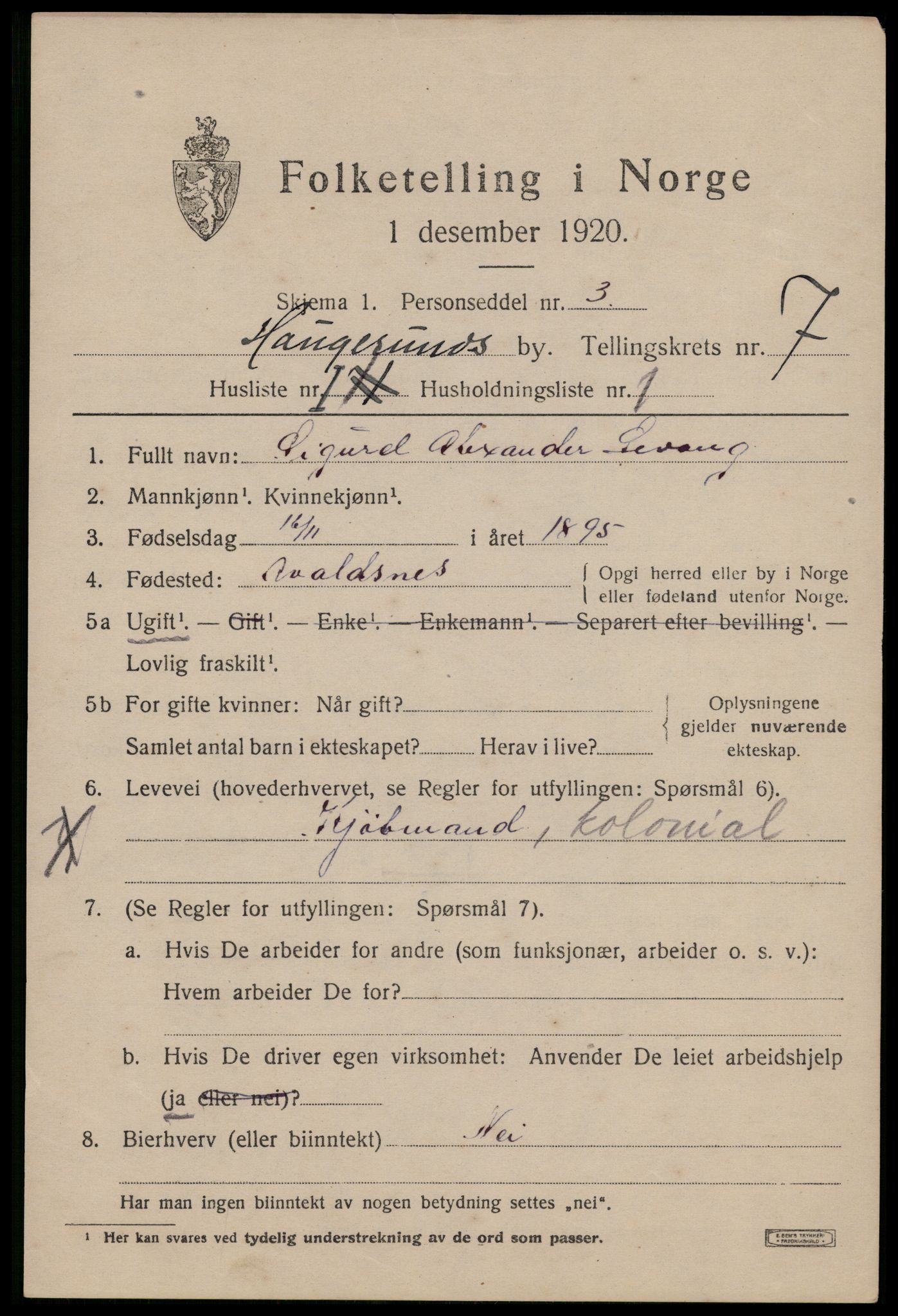 SAST, 1920 census for Haugesund, 1920, p. 25069