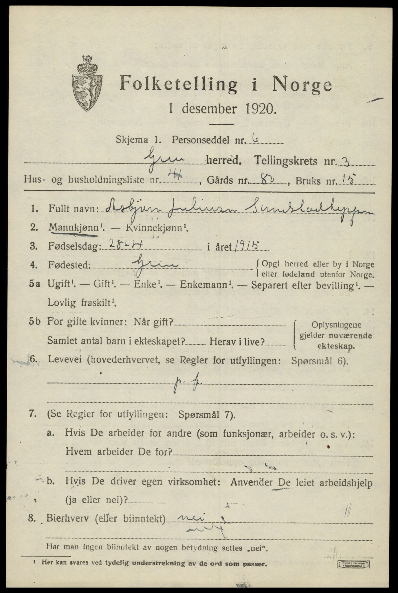 SAH, 1920 census for Grue, 1920, p. 4191