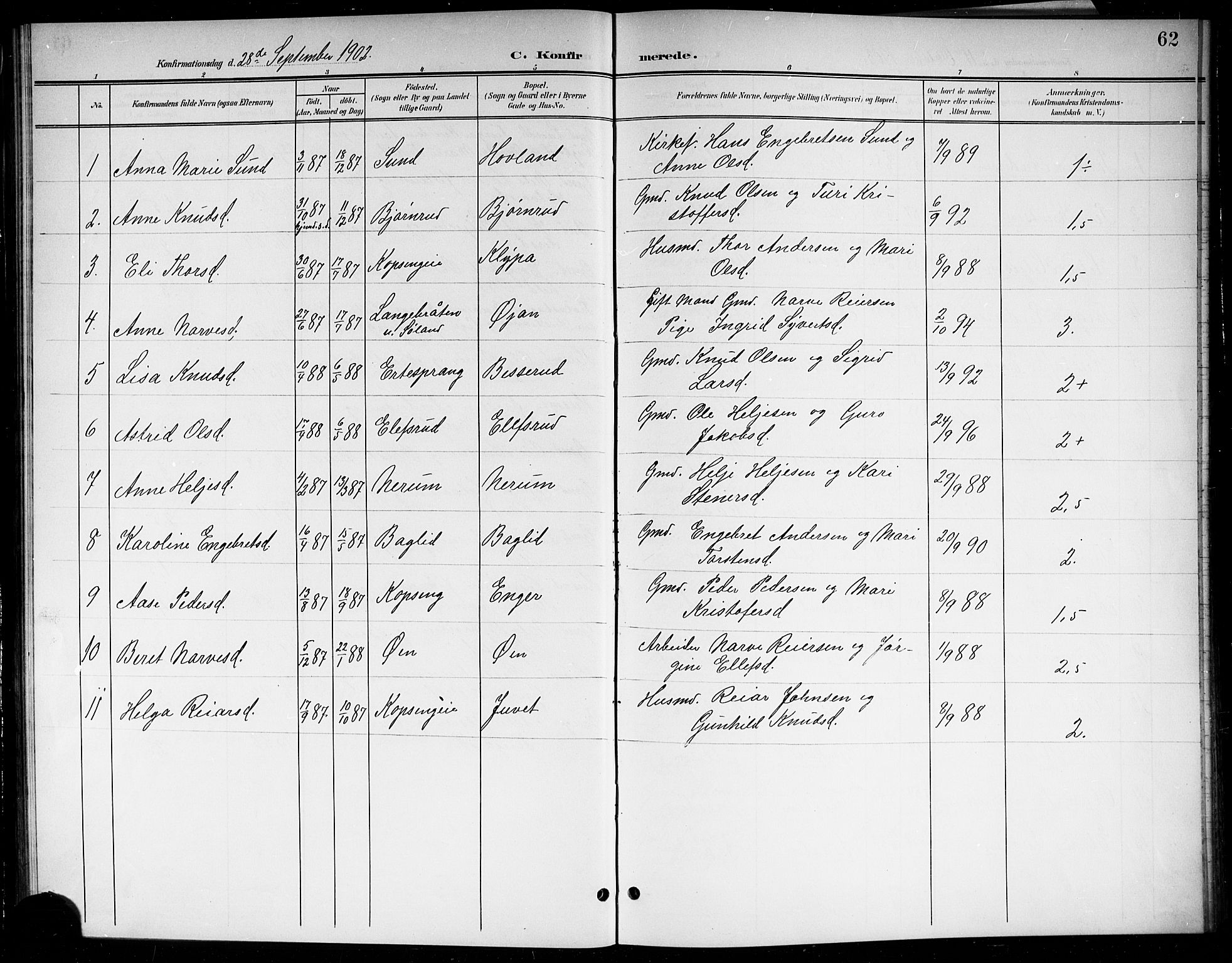 Sigdal kirkebøker, SAKO/A-245/G/Gb/L0003: Parish register (copy) no. II 3, 1901-1916, p. 62