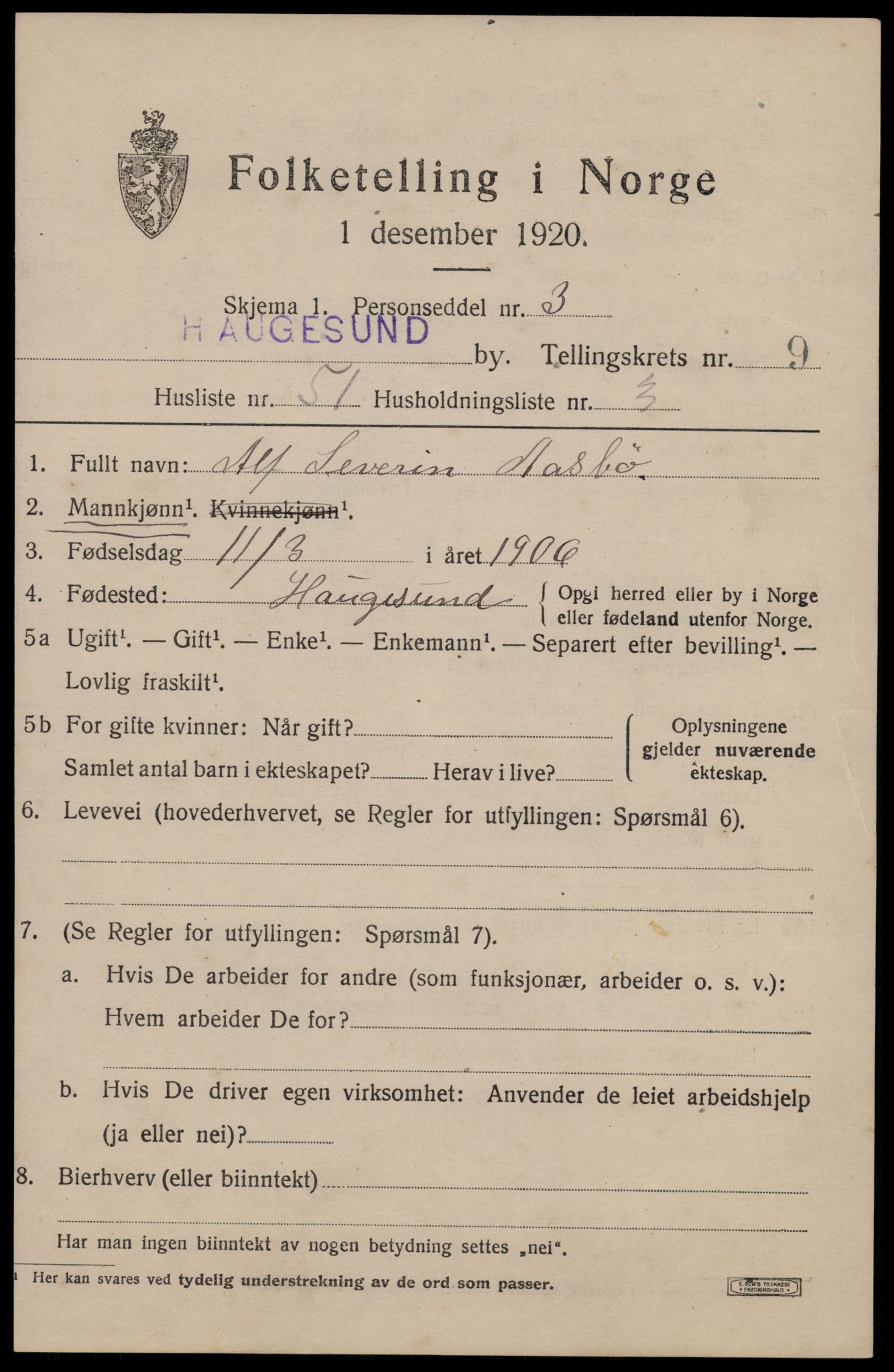 SAST, 1920 census for Haugesund, 1920, p. 33069