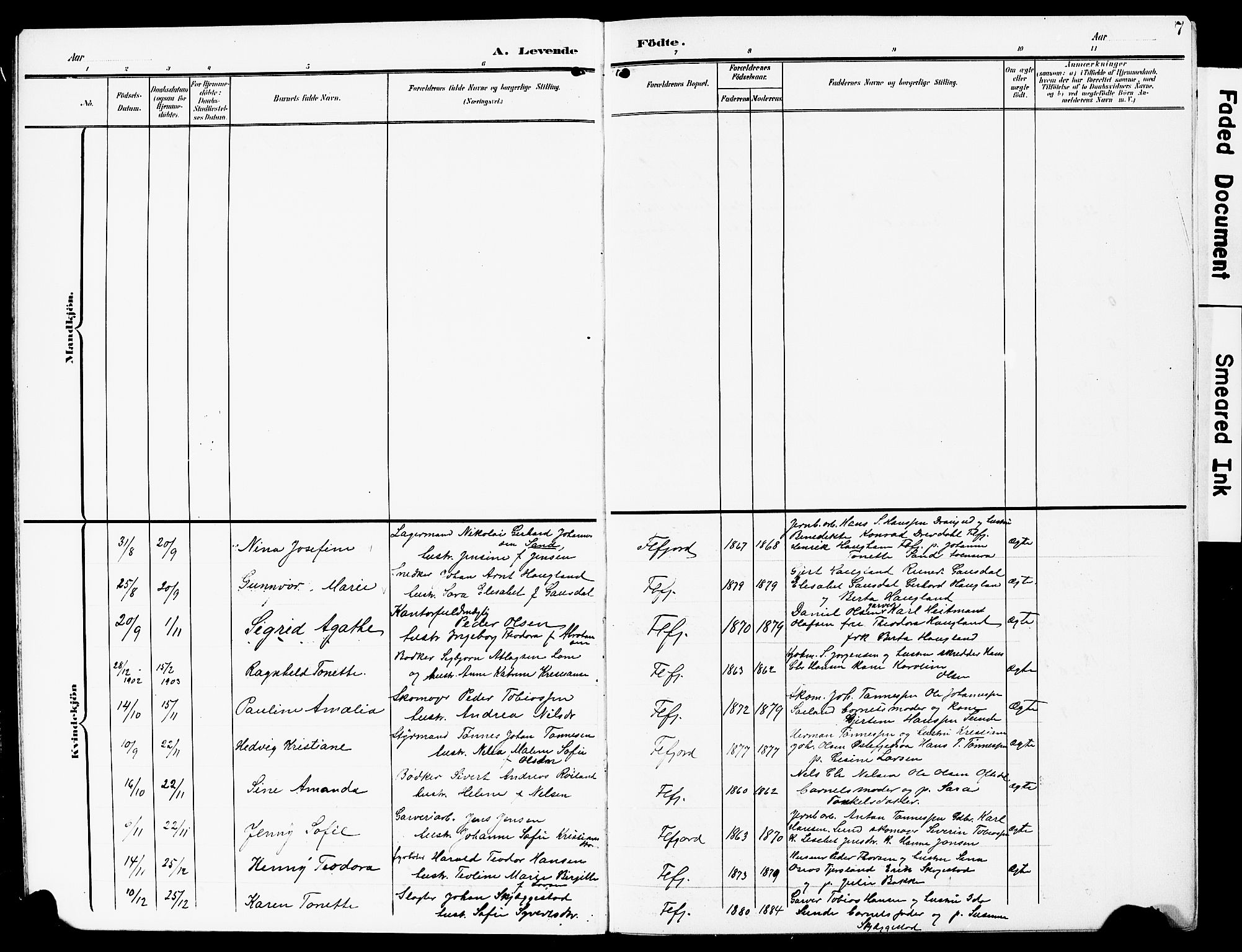 Flekkefjord sokneprestkontor, AV/SAK-1111-0012/F/Fb/Fba/L0001: Parish register (copy) no. B 1, 1903-1931, p. 7