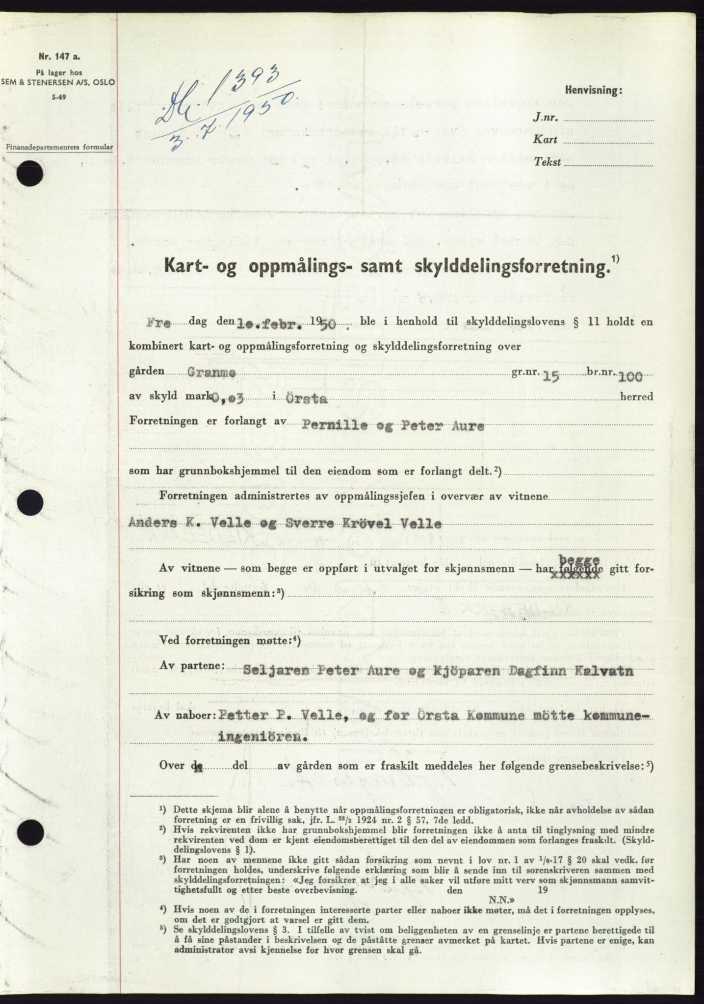 Søre Sunnmøre sorenskriveri, AV/SAT-A-4122/1/2/2C/L0087: Mortgage book no. 13A, 1950-1950, Diary no: : 1393/1950