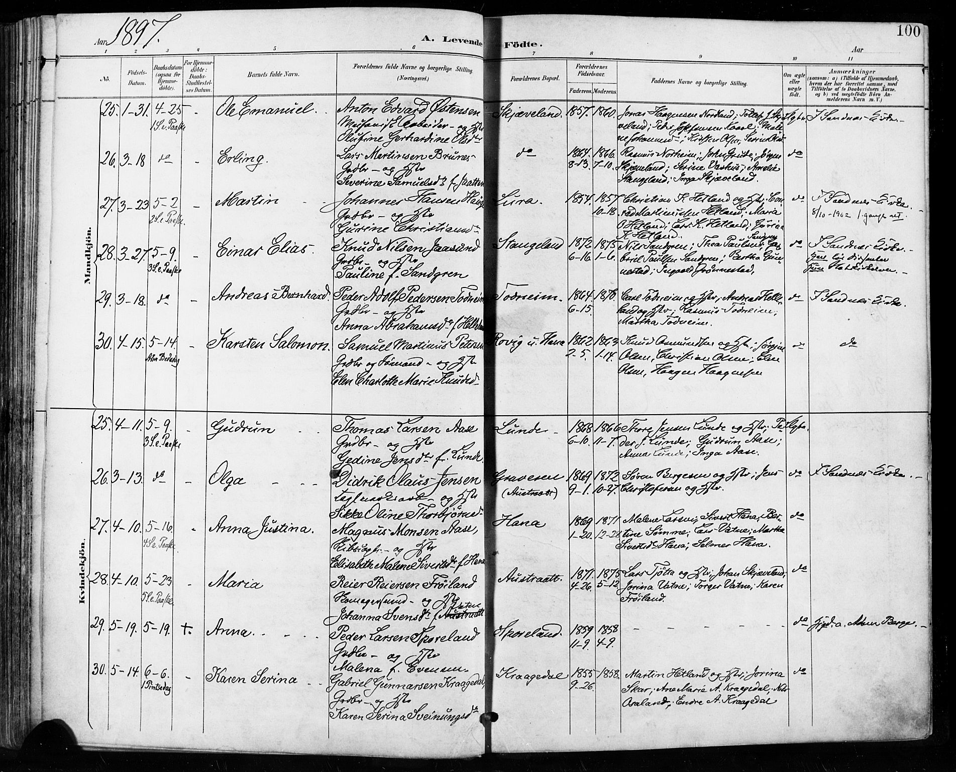 Høyland sokneprestkontor, AV/SAST-A-101799/001/30BA/L0013: Parish register (official) no. A 13.1, 1889-1898, p. 100