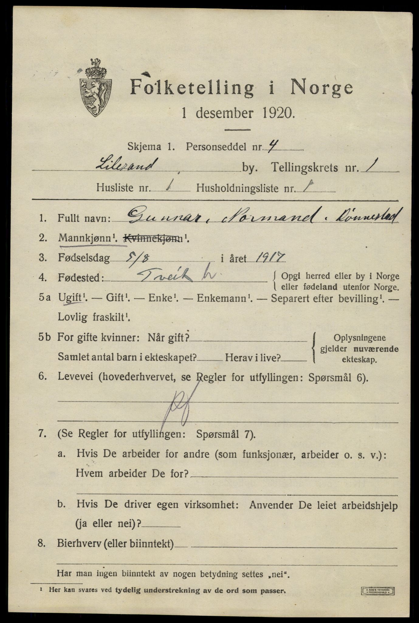 SAK, 1920 census for Lillesand, 1920, p. 1155