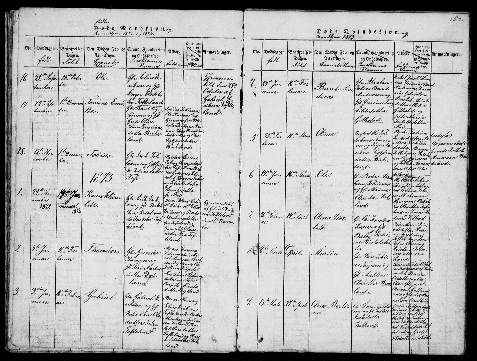 Lyngdal sokneprestkontor, AV/SAK-1111-0029/F/Fb/Fbb/L0001: Parish register (copy) no. B 1, 1816-1900, p. 157