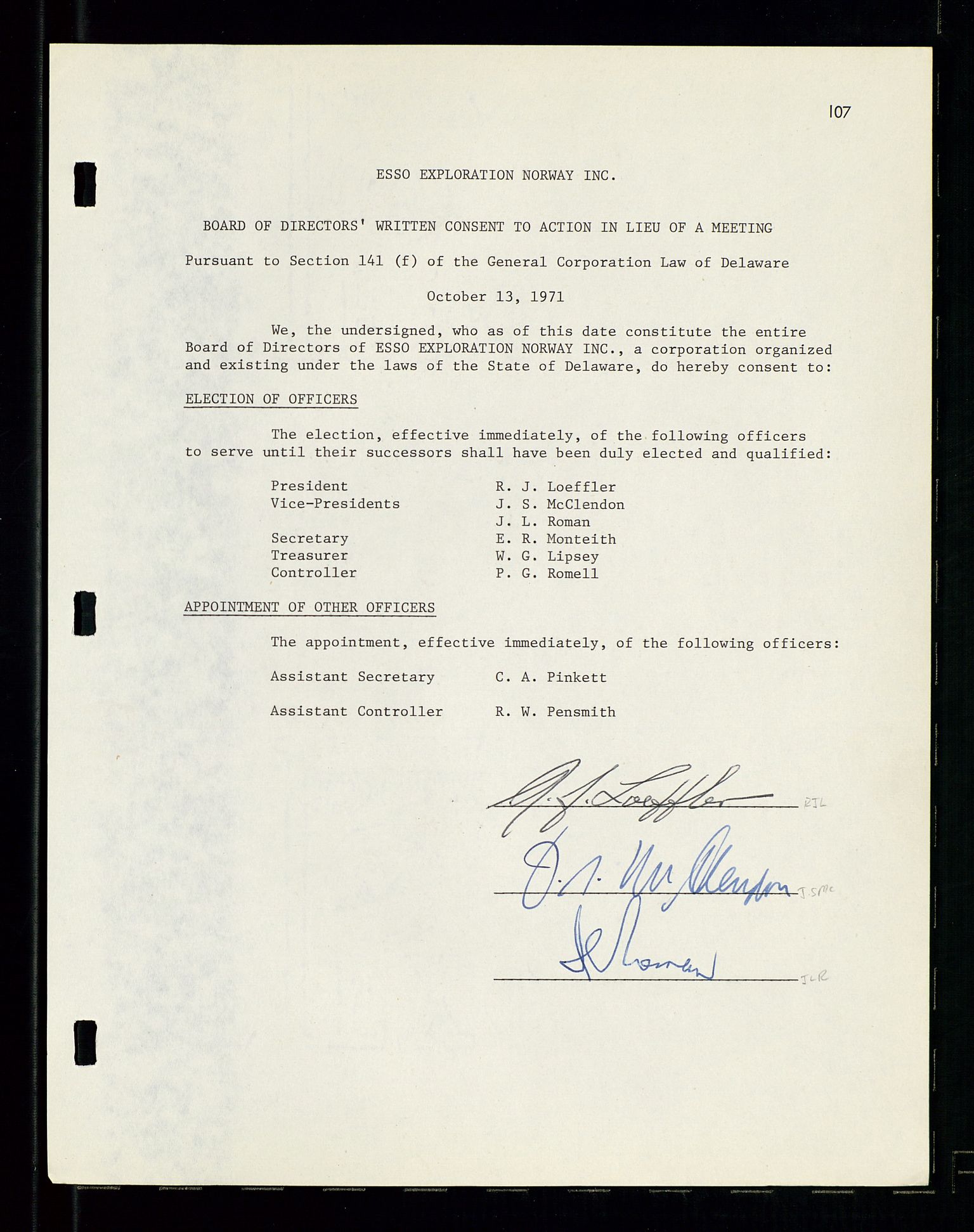 Pa 1512 - Esso Exploration and Production Norway Inc., SAST/A-101917/A/Aa/L0001/0001: Styredokumenter / Corporate records, By-Laws, Board meeting minutes, Incorporations, 1965-1975, p. 107