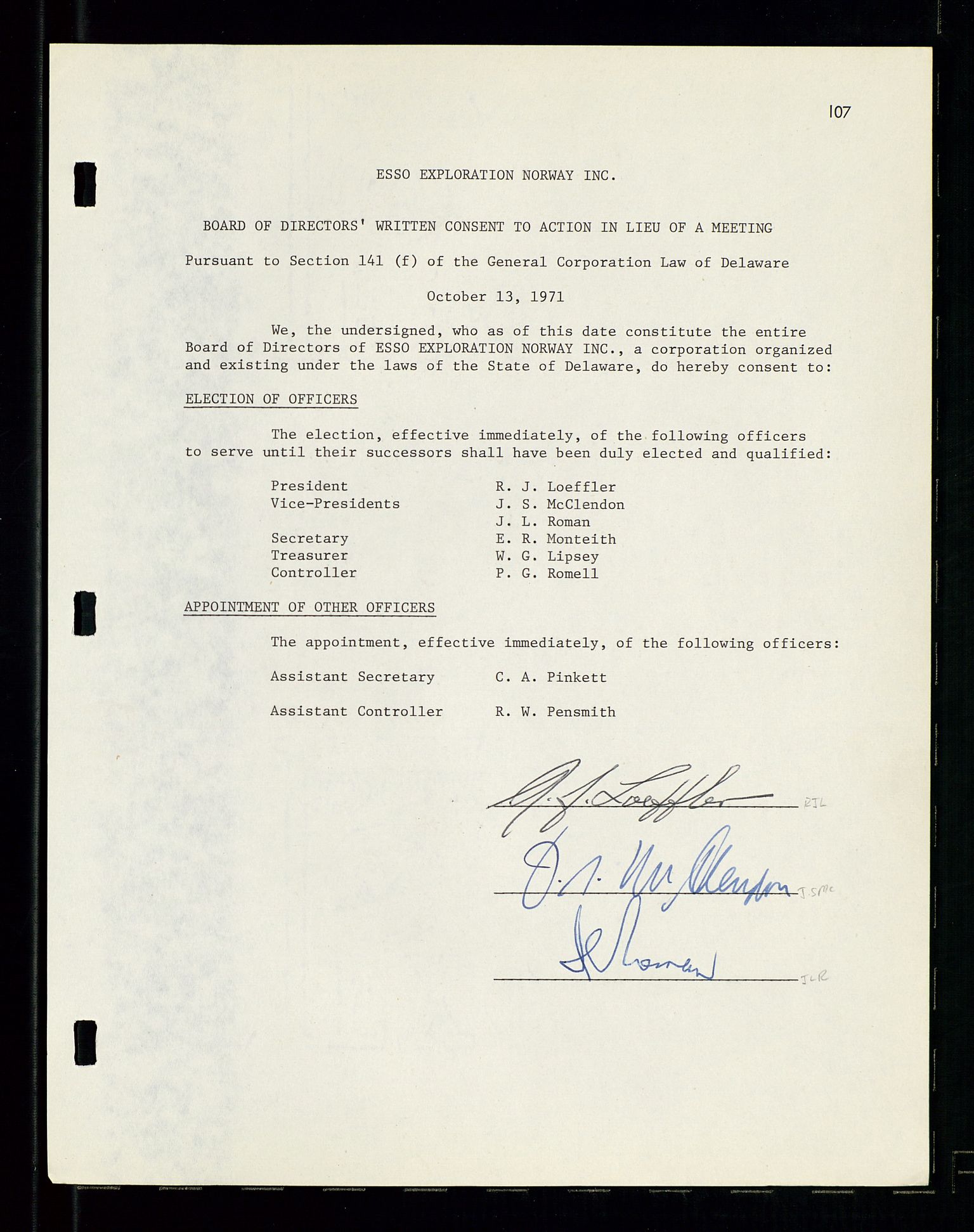 Pa 1512 - Esso Exploration and Production Norway Inc., AV/SAST-A-101917/A/Aa/L0001/0001: Styredokumenter / Corporate records, By-Laws, Board meeting minutes, Incorporations, 1965-1975, p. 107