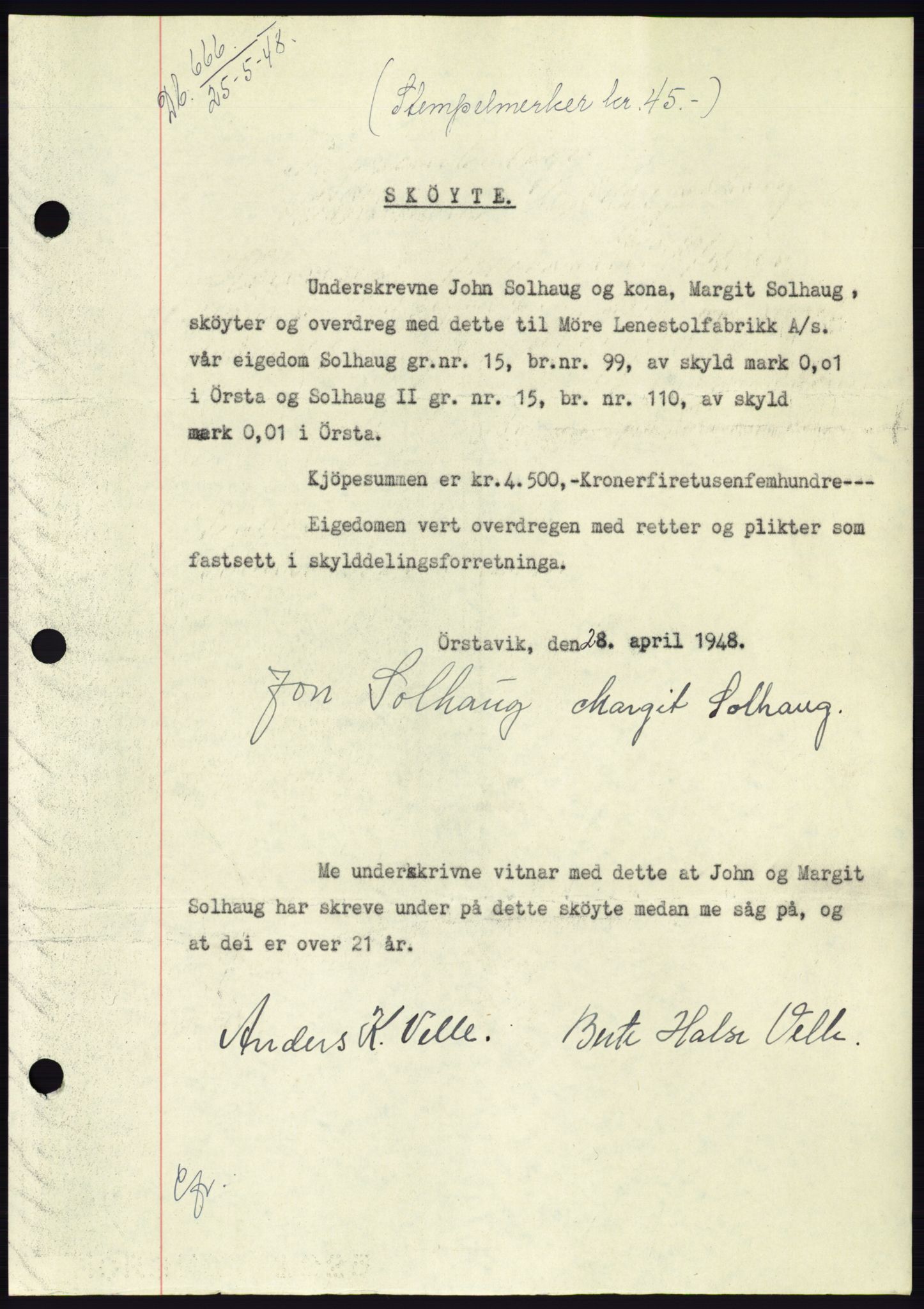 Søre Sunnmøre sorenskriveri, AV/SAT-A-4122/1/2/2C/L0082: Mortgage book no. 8A, 1948-1948, Diary no: : 666/1948