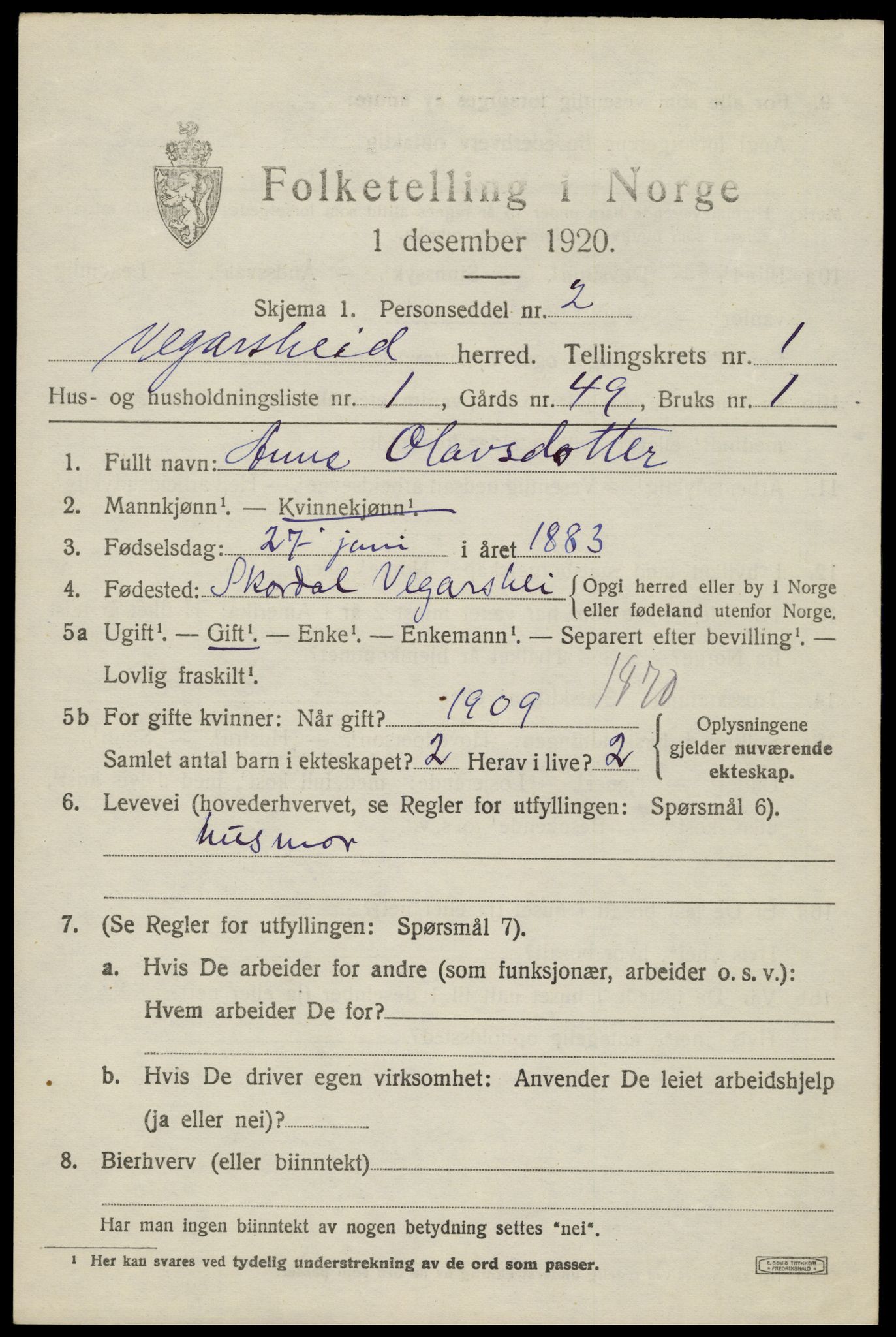 SAK, 1920 census for Vegårshei, 1920, p. 670