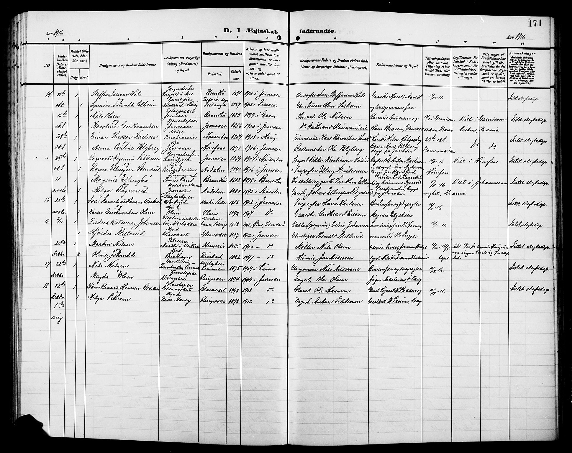 Jevnaker prestekontor, SAH/PREST-116/H/Ha/Hab/L0004: Parish register (copy) no. 4, 1907-1918, p. 171