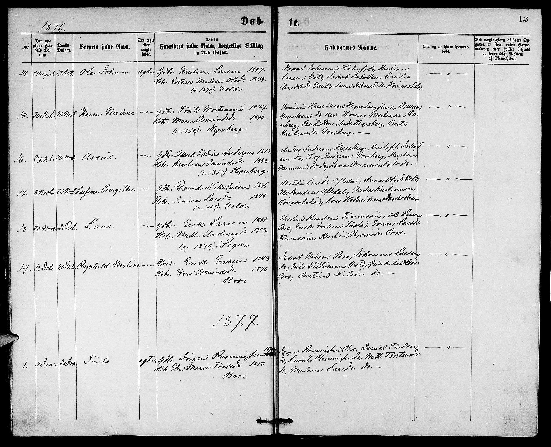 Rennesøy sokneprestkontor, SAST/A -101827/H/Ha/Hab/L0005: Parish register (copy) no. B 5, 1871-1890, p. 12