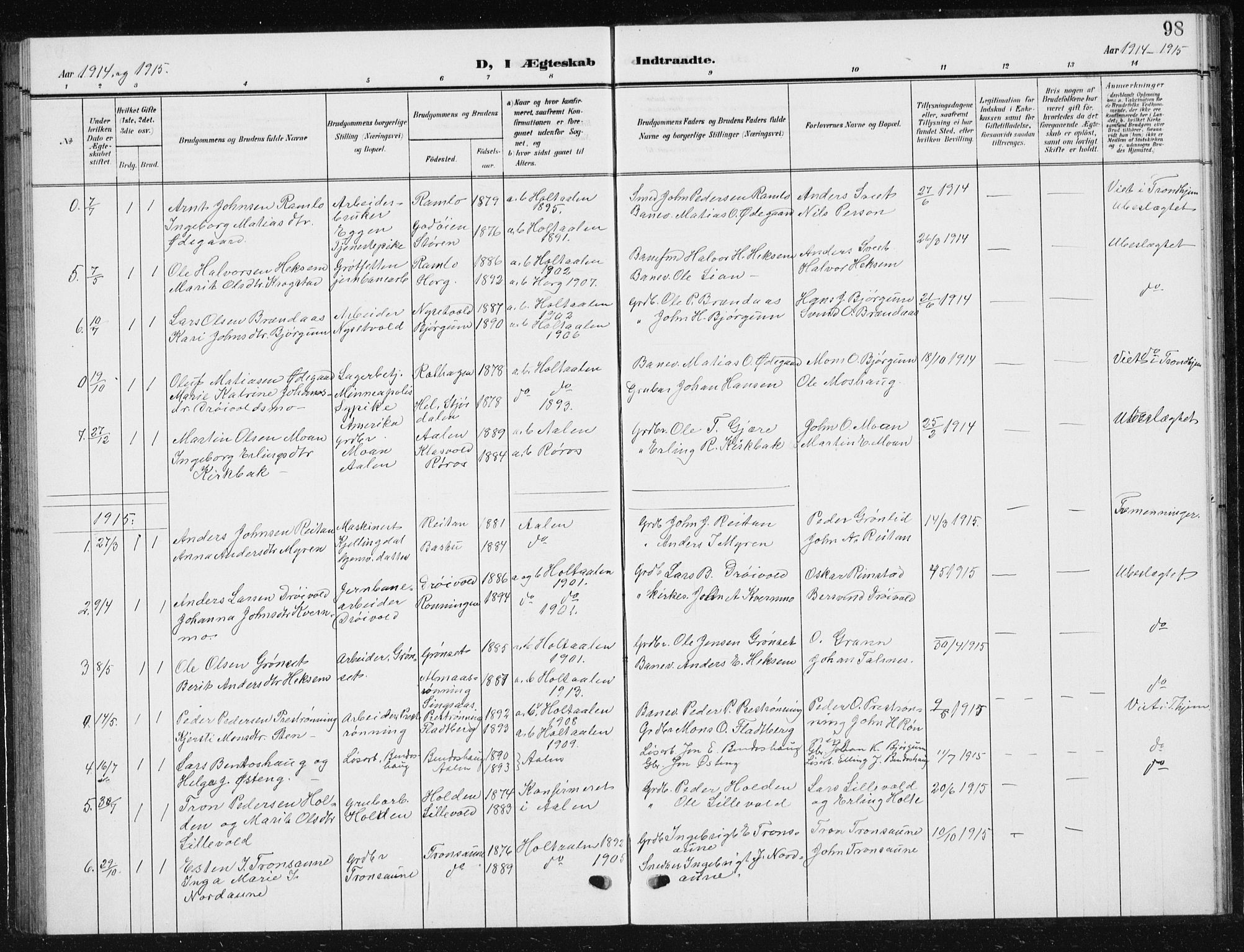 Ministerialprotokoller, klokkerbøker og fødselsregistre - Sør-Trøndelag, SAT/A-1456/685/L0979: Parish register (copy) no. 685C04, 1908-1933, p. 98