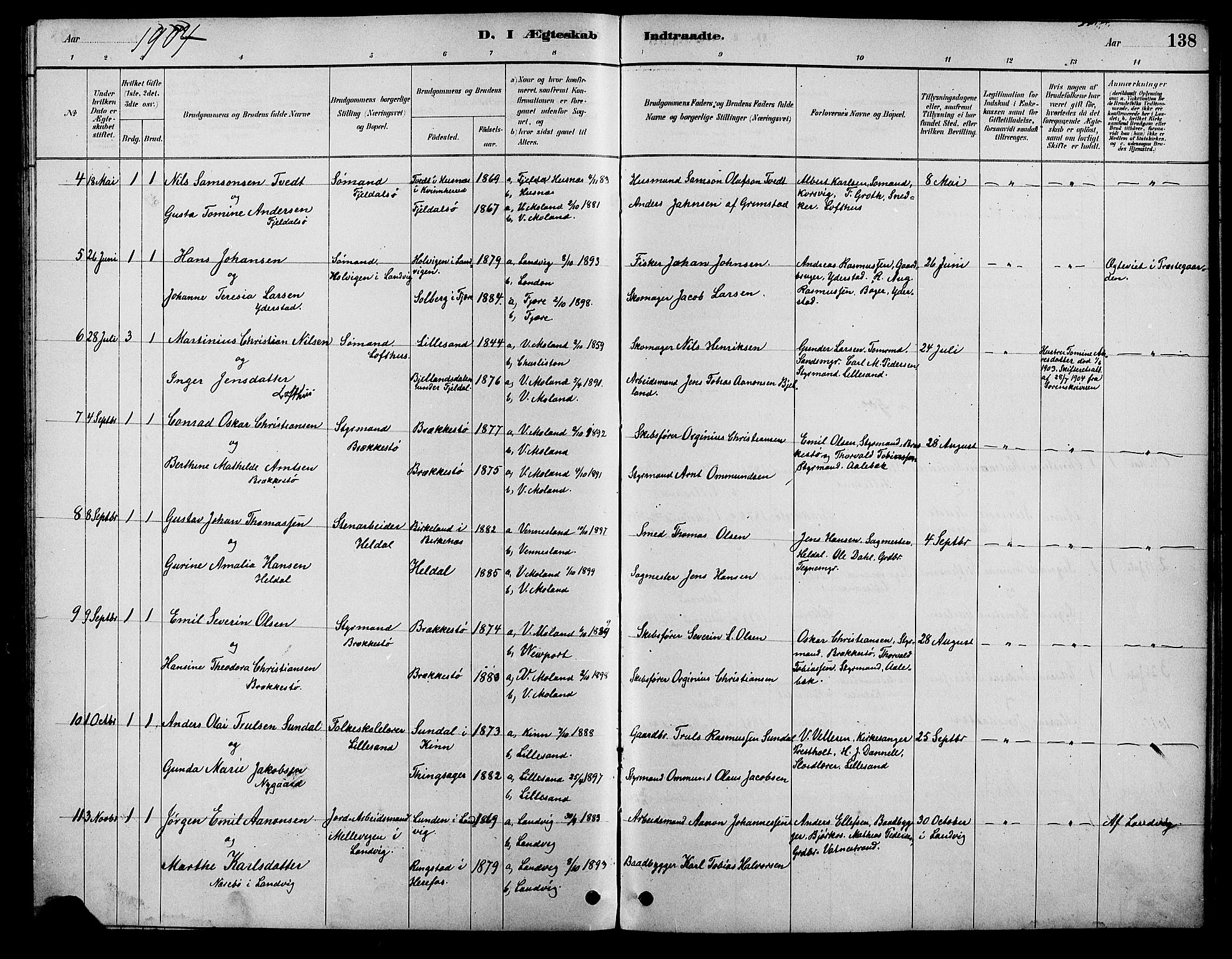 Vestre Moland sokneprestkontor, AV/SAK-1111-0046/F/Fb/Fbb/L0006: Parish register (copy) no. B 6, 1884-1905, p. 138