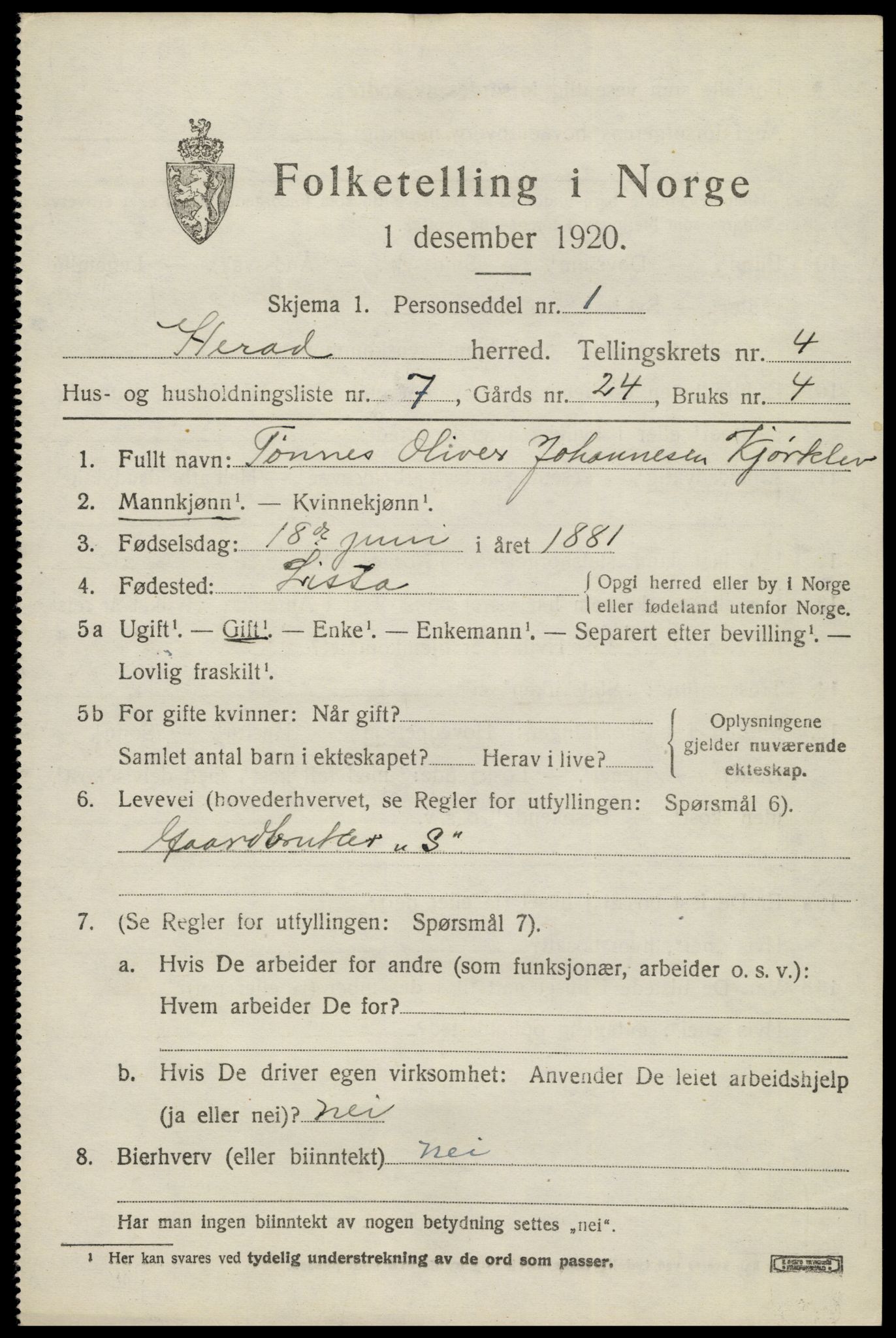 SAK, 1920 census for Herad, 1920, p. 1788