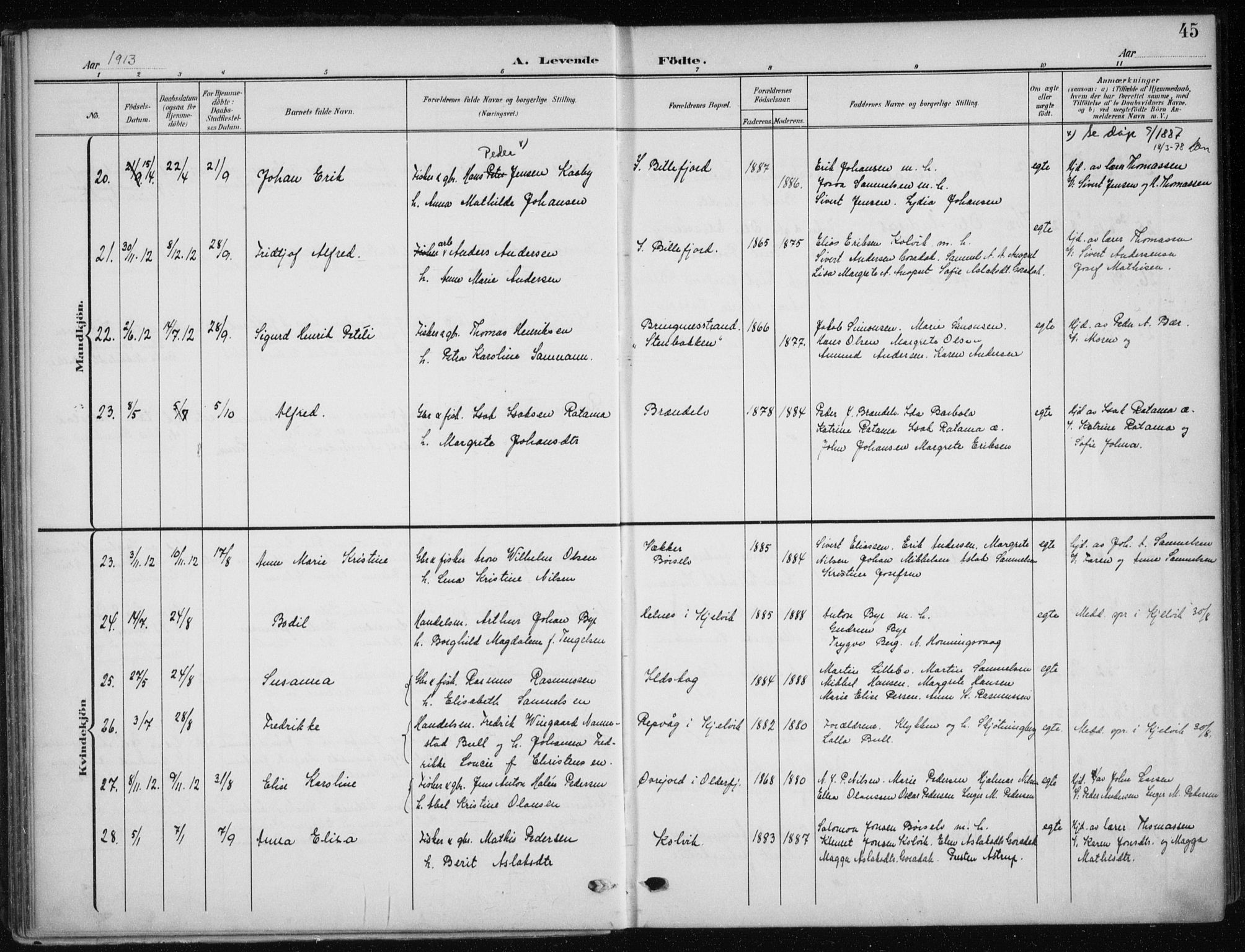 Kistrand/Porsanger sokneprestembete, AV/SATØ-S-1351/H/Ha/L0014.kirke: Parish register (official) no. 14, 1908-1917, p. 45