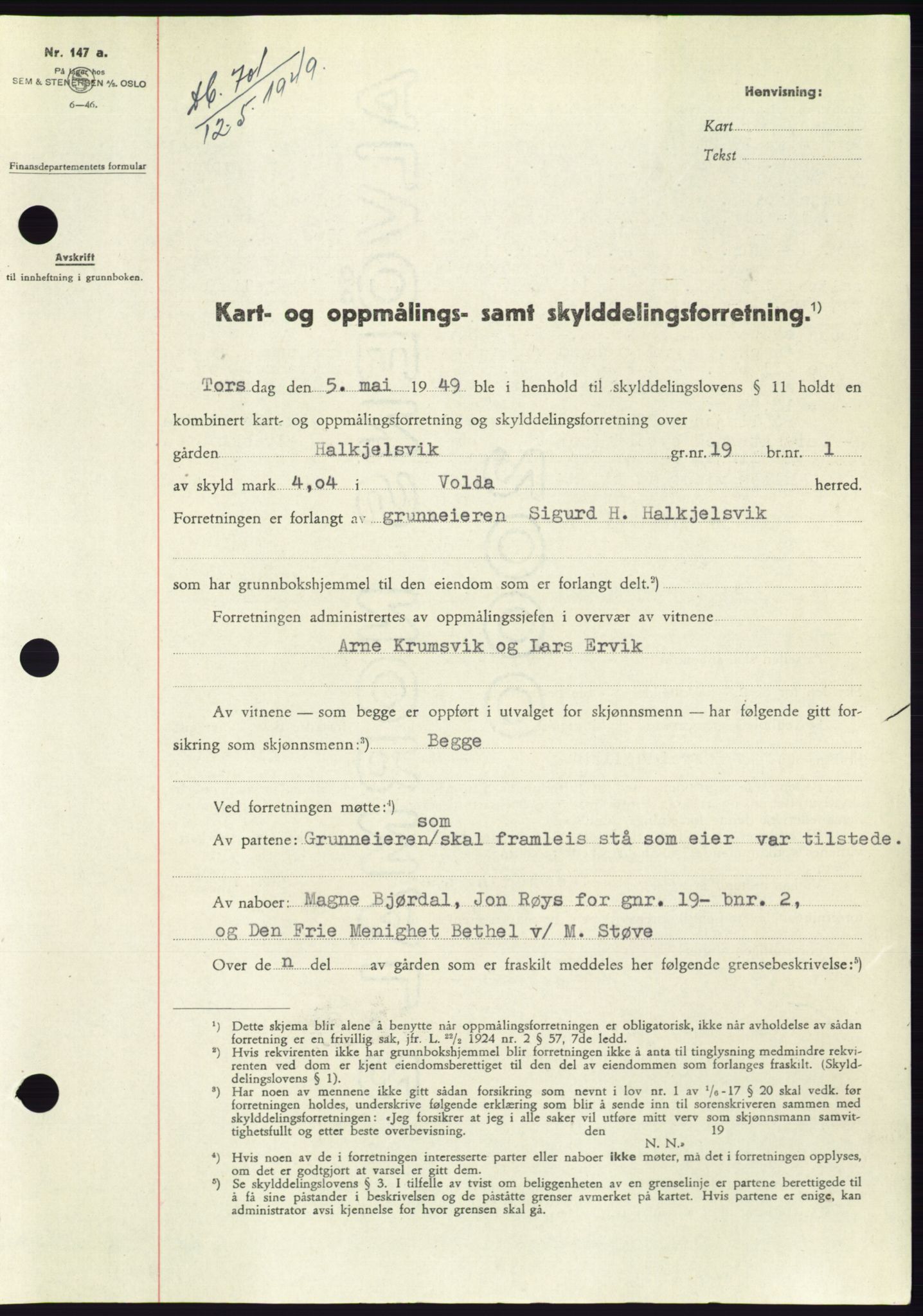 Søre Sunnmøre sorenskriveri, AV/SAT-A-4122/1/2/2C/L0084: Mortgage book no. 10A, 1949-1949, Diary no: : 701/1949