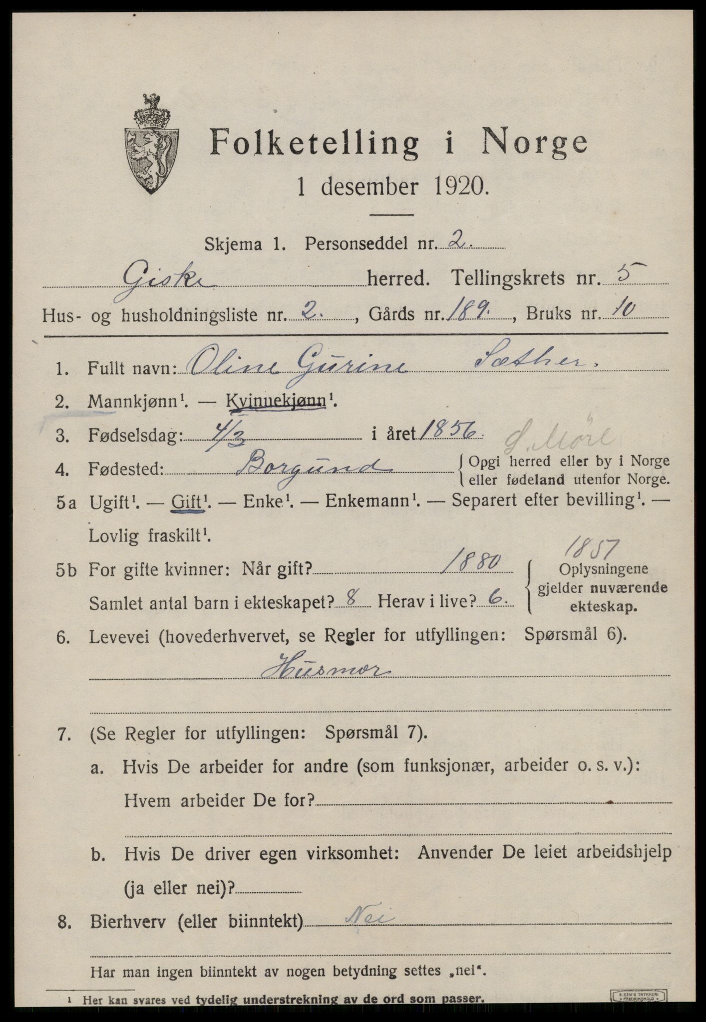 SAT, 1920 census for Giske, 1920, p. 3644