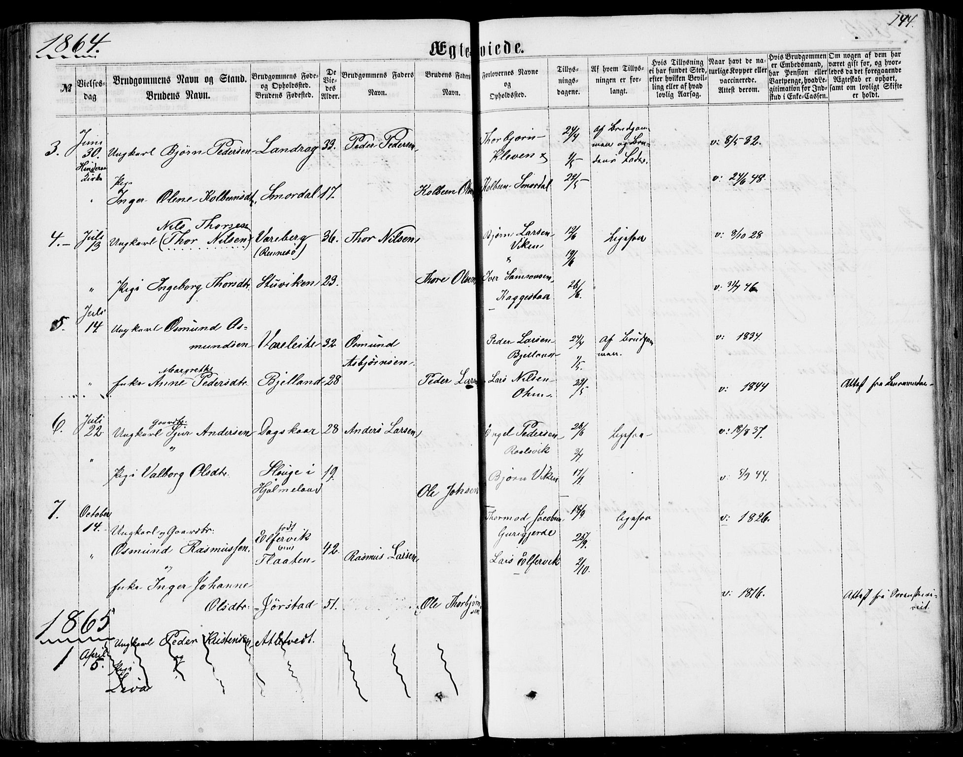 Nedstrand sokneprestkontor, AV/SAST-A-101841/01/IV: Parish register (official) no. A 9, 1861-1876, p. 144