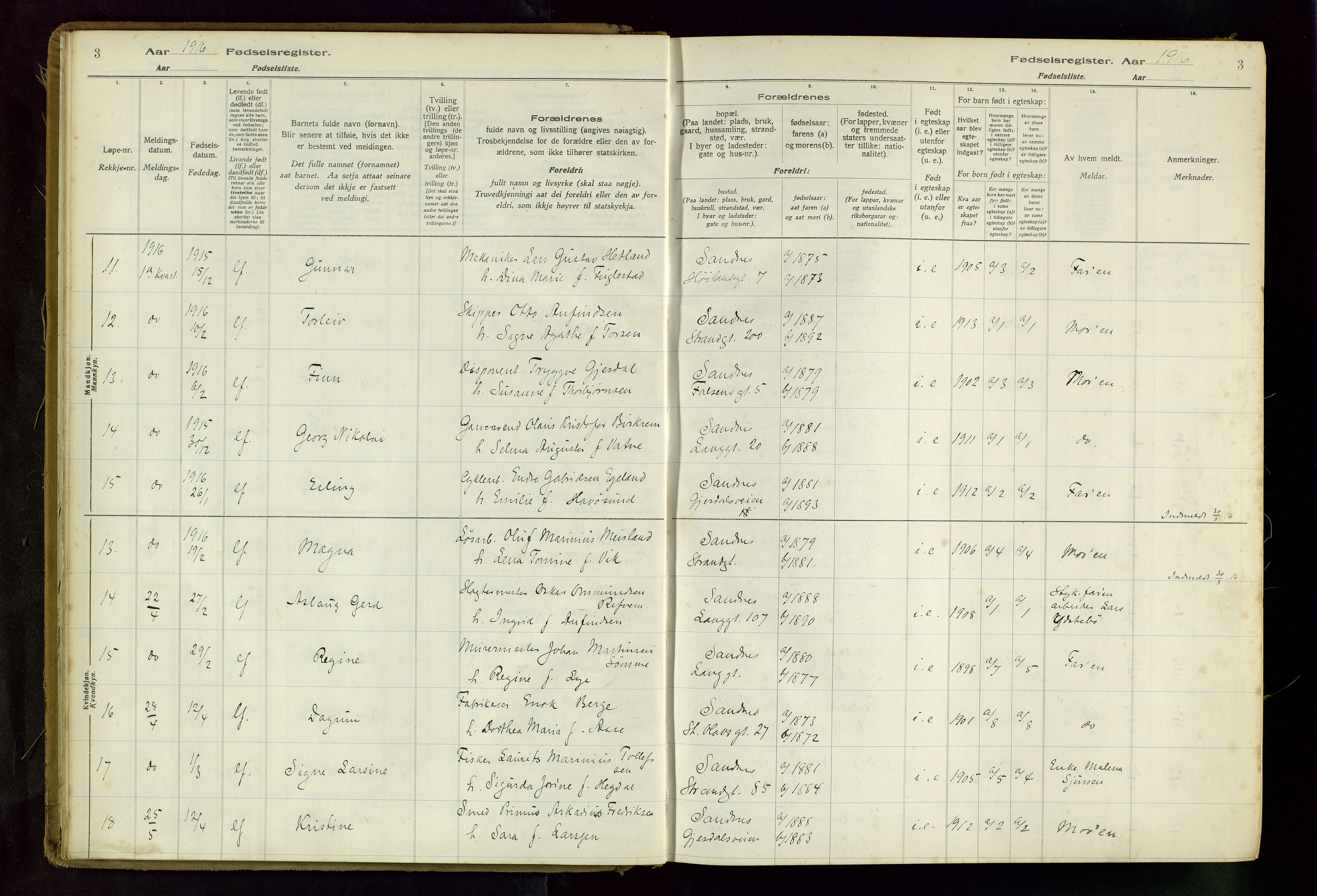 Sandnes sokneprestkontor, AV/SAST-A-101800/704BA/L0001: Birth register no. 1, 1916-1942, p. 3