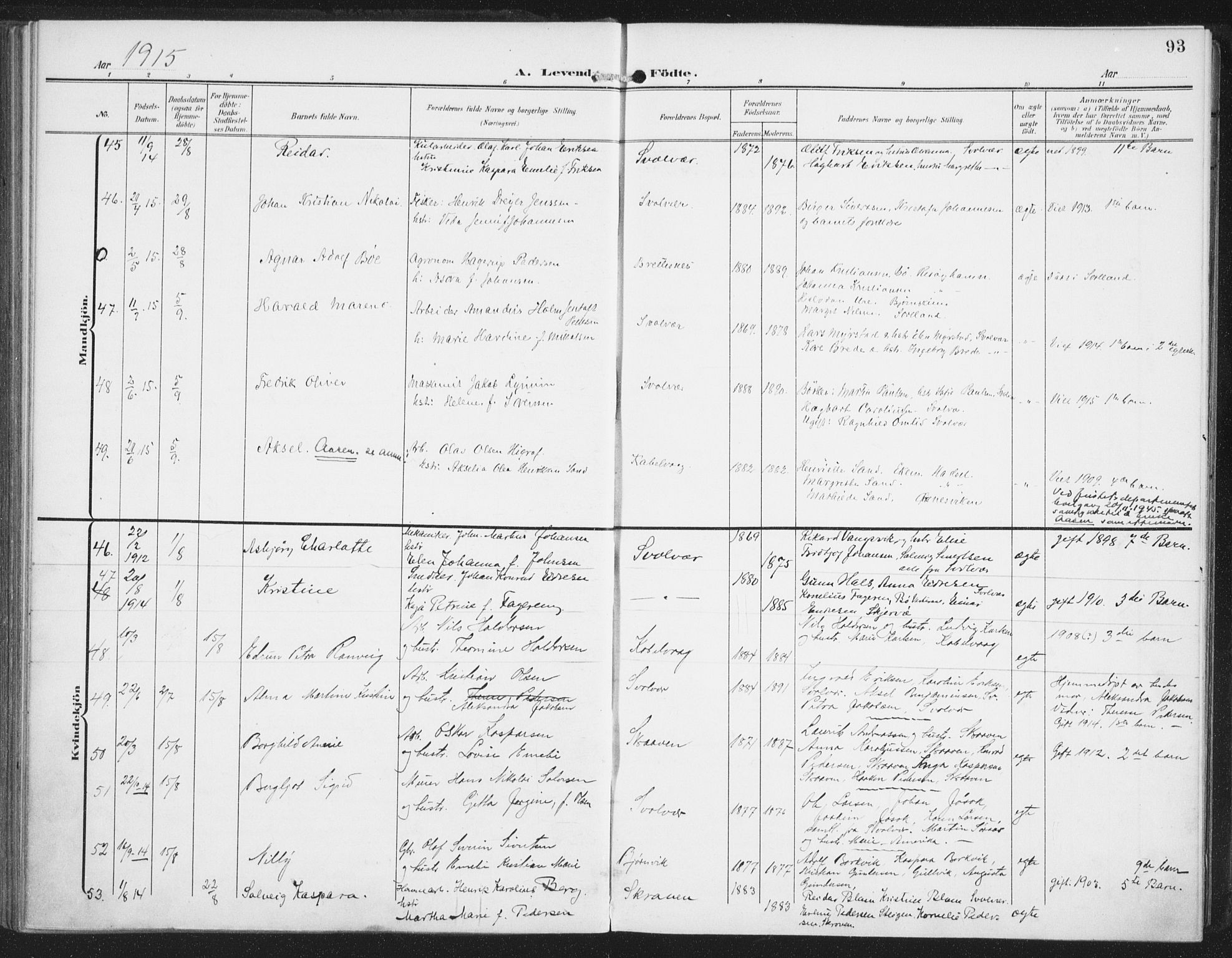 Ministerialprotokoller, klokkerbøker og fødselsregistre - Nordland, AV/SAT-A-1459/874/L1063: Parish register (official) no. 874A07, 1907-1915, p. 93