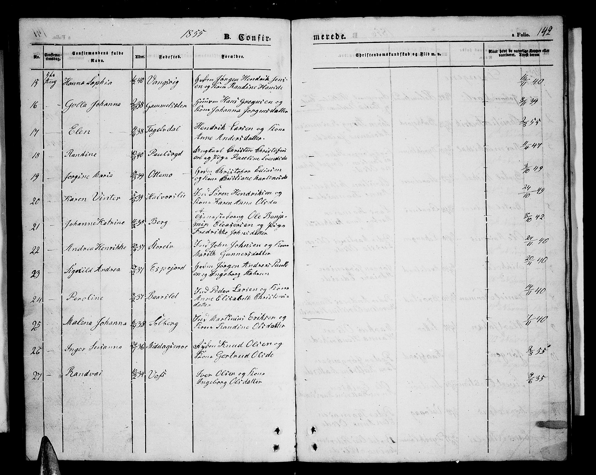 Tranøy sokneprestkontor, SATØ/S-1313/I/Ia/Iab/L0002klokker: Parish register (copy) no. 2, 1847-1860, p. 142
