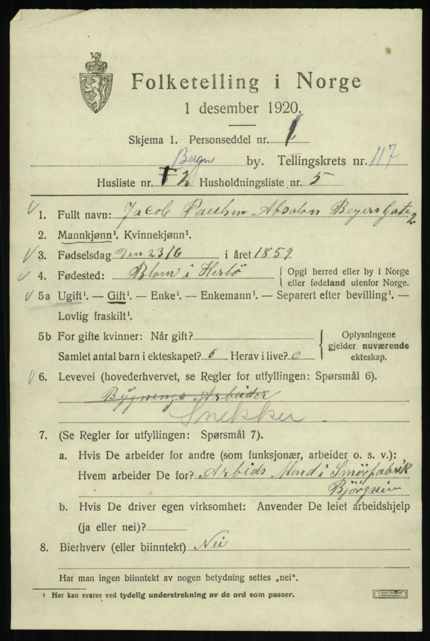 SAB, 1920 census for Bergen, 1920, p. 197819