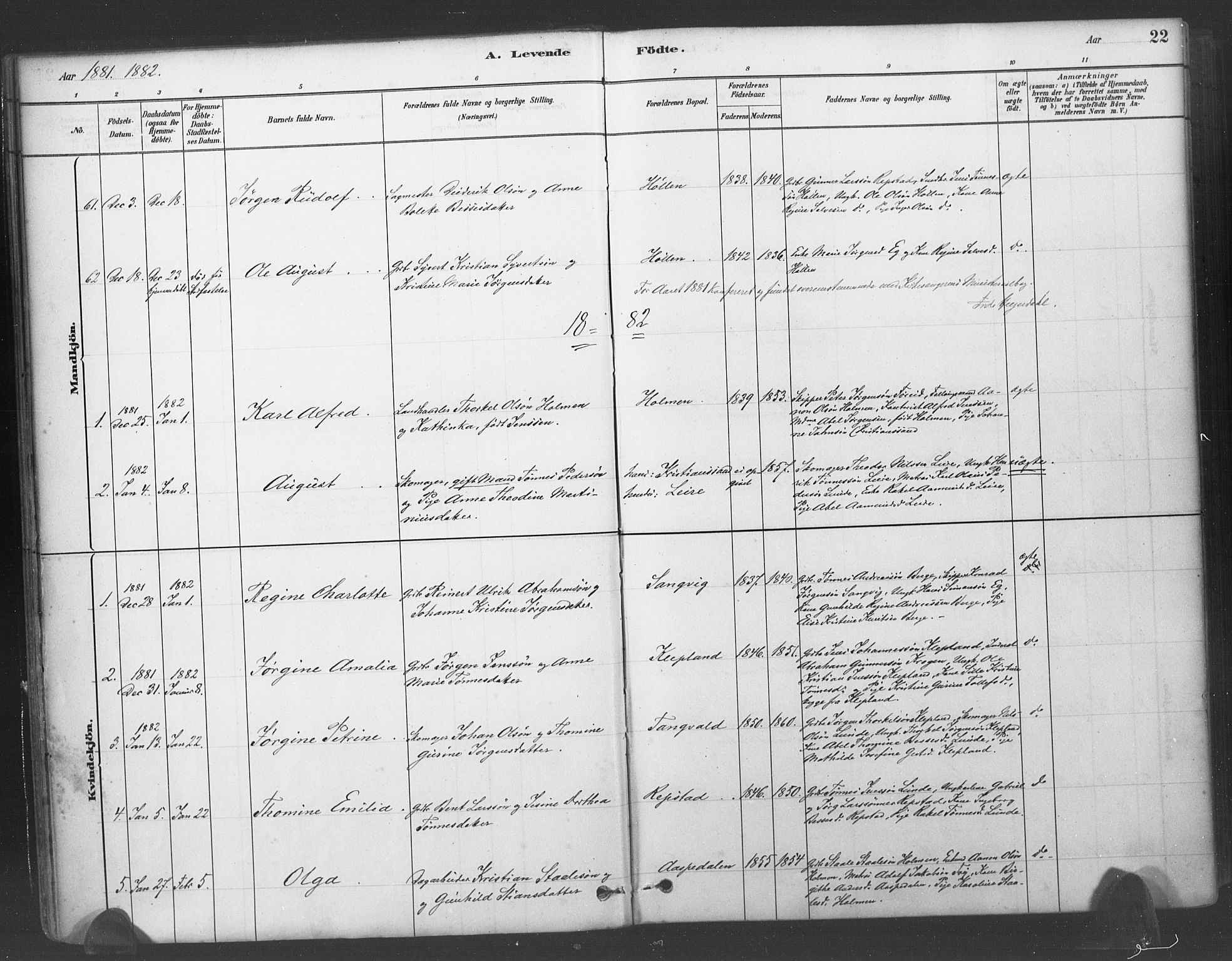 Søgne sokneprestkontor, SAK/1111-0037/F/Fa/Fab/L0012: Parish register (official) no. A 12, 1880-1891, p. 22
