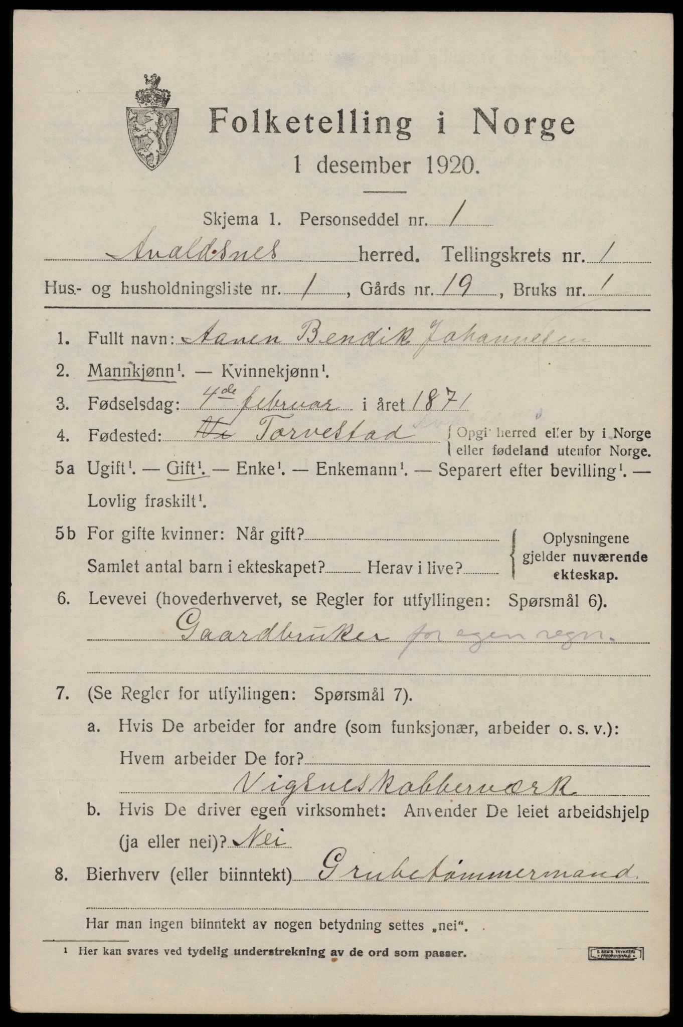 SAST, 1920 census for Avaldsnes, 1920, p. 1449