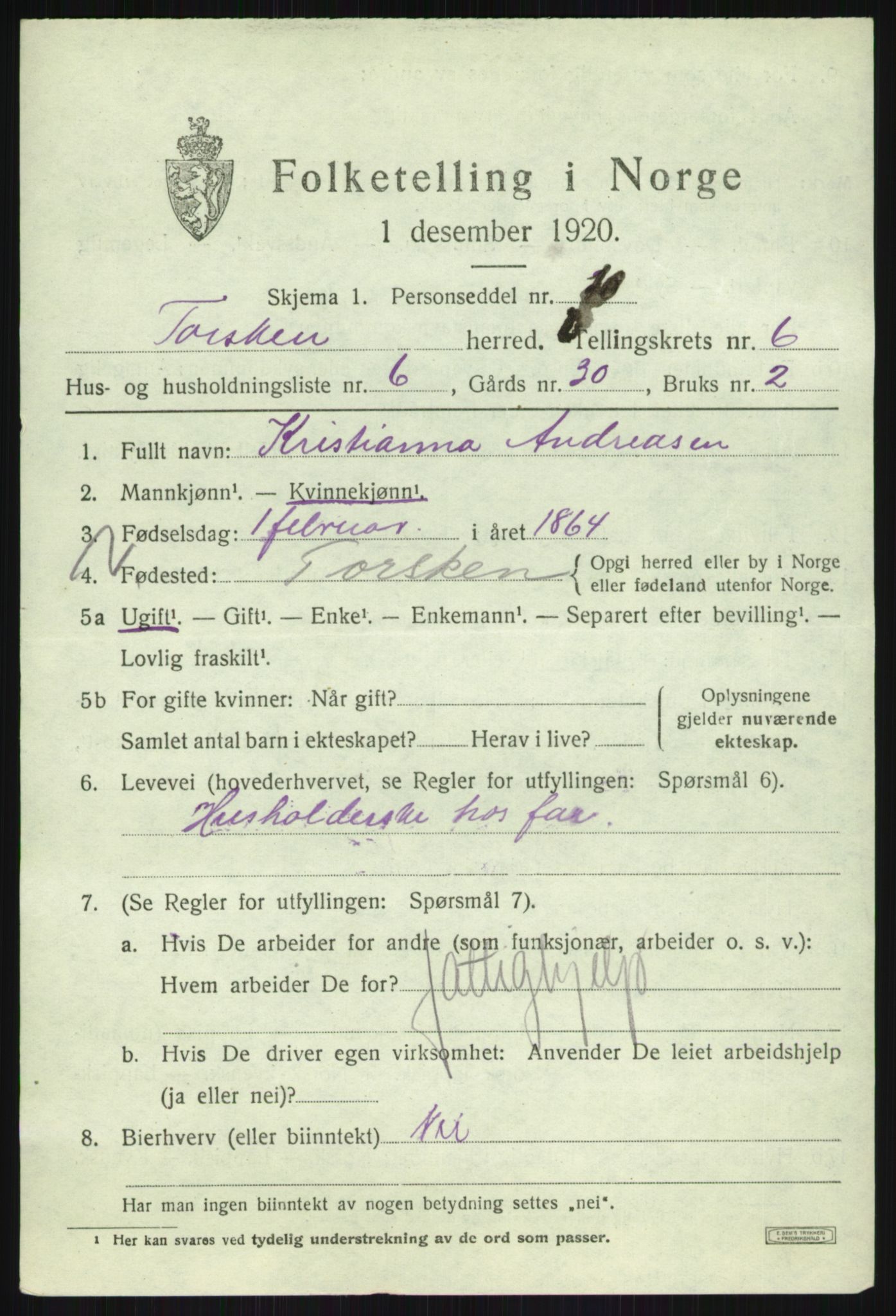 SATØ, 1920 census for Torsken, 1920, p. 2463