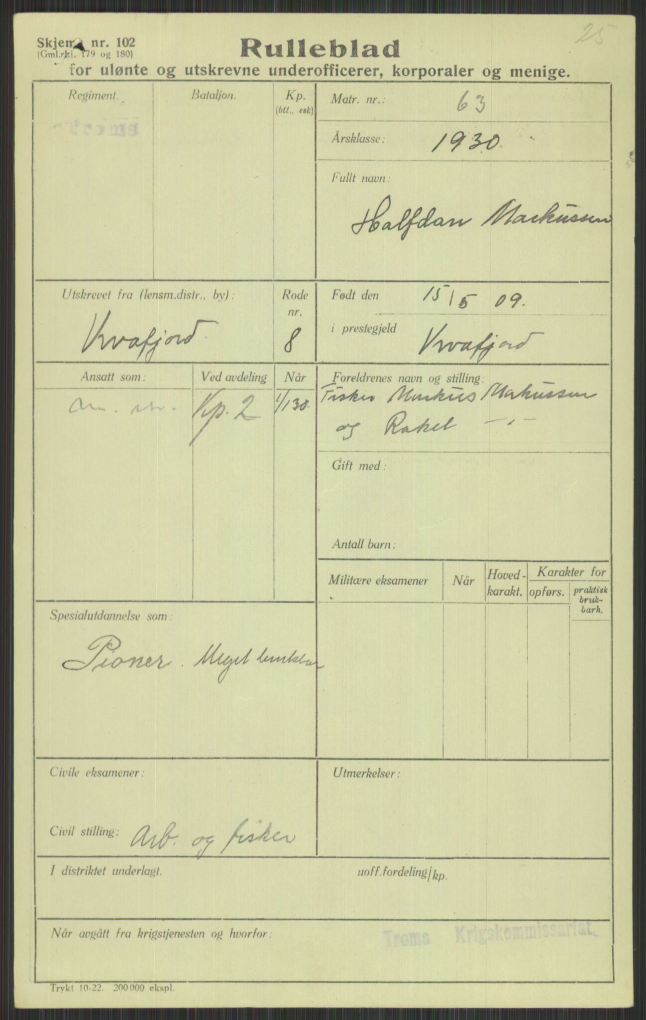 Forsvaret, Troms infanteriregiment nr. 16, AV/RA-RAFA-3146/P/Pa/L0014: Rulleblad for regimentets menige mannskaper, årsklasse 1930, 1930, p. 609