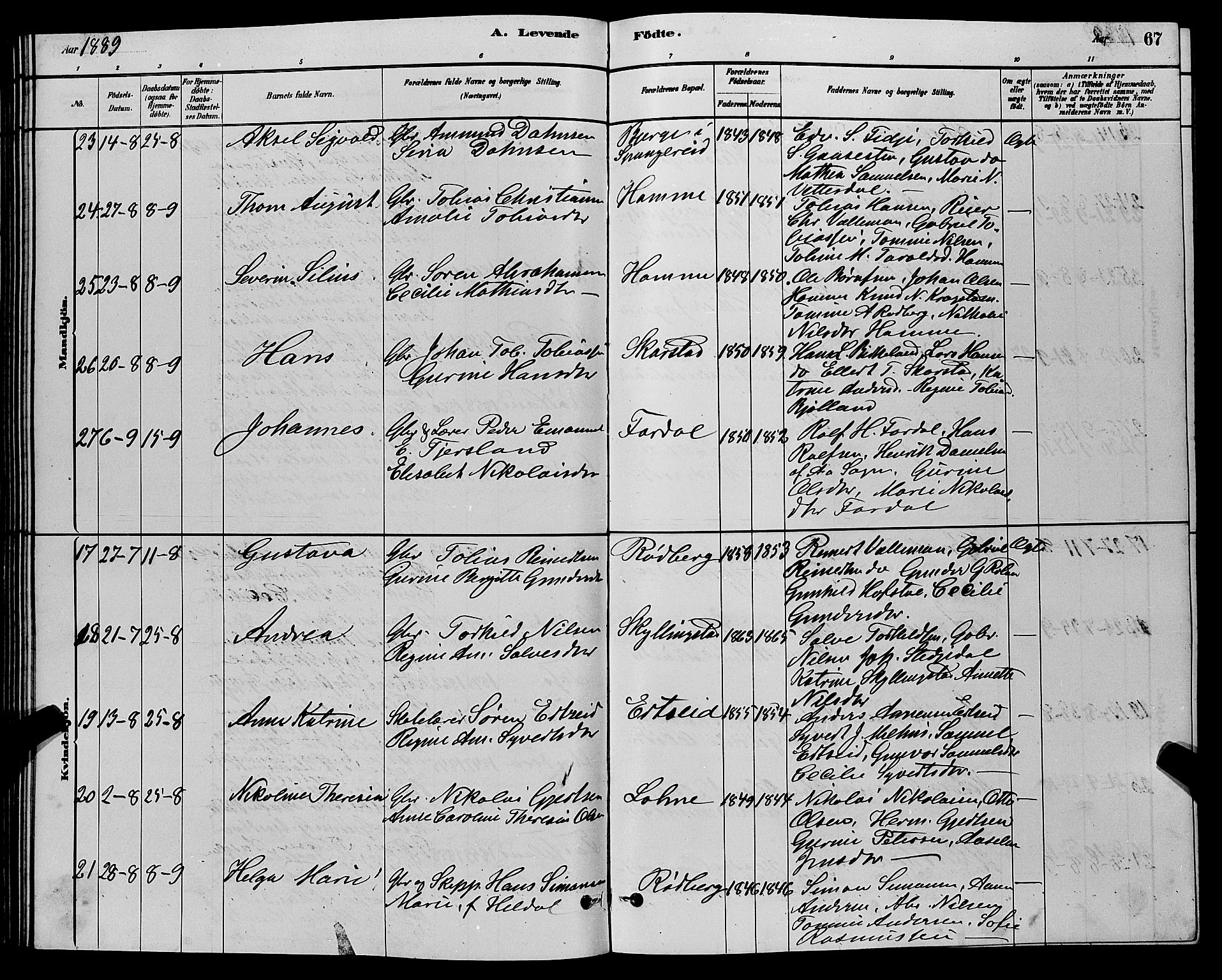 Sør-Audnedal sokneprestkontor, AV/SAK-1111-0039/F/Fb/Fbb/L0005: Parish register (copy) no. B 5, 1880-1892, p. 67