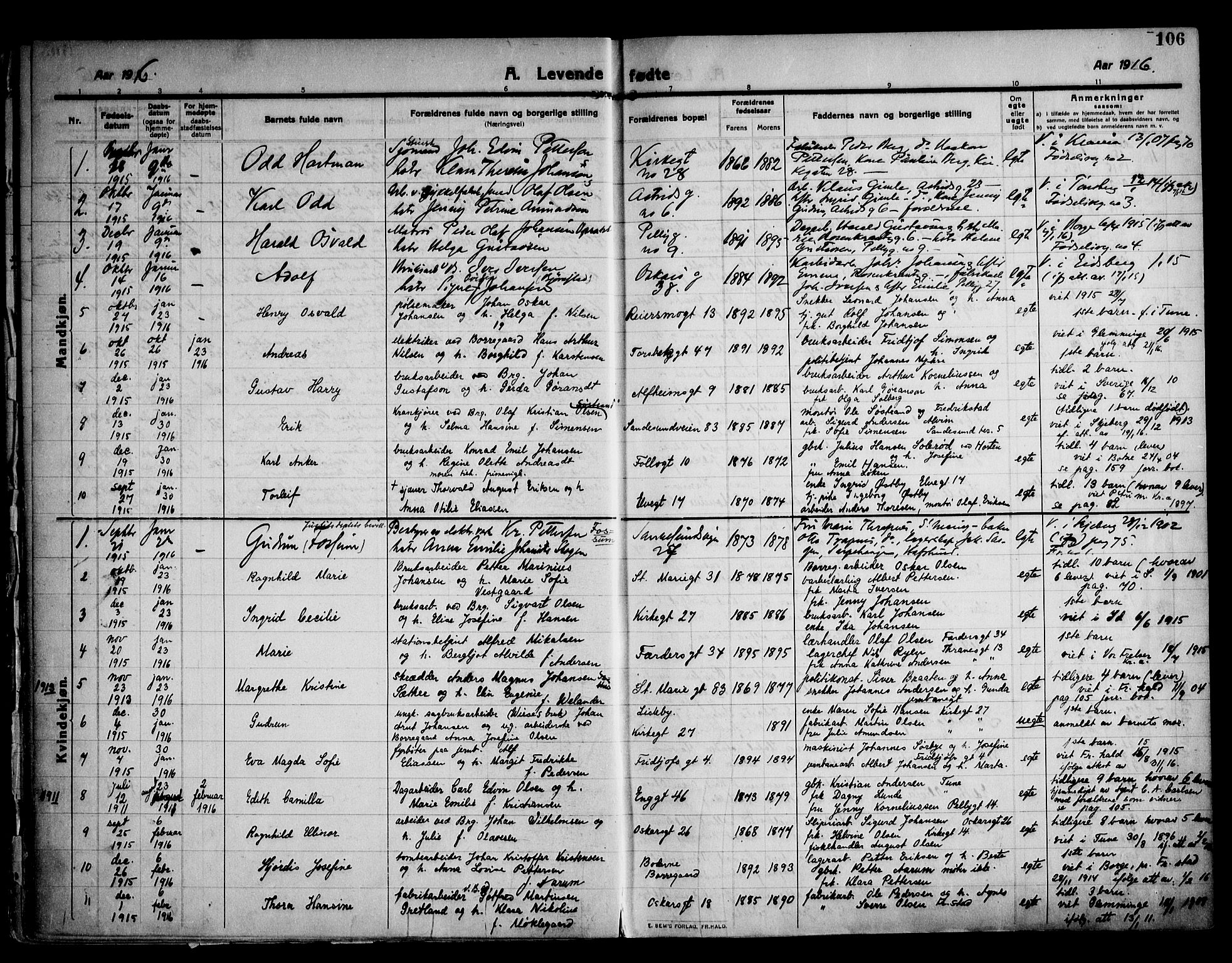 Sarpsborg prestekontor Kirkebøker, AV/SAO-A-2006/F/Fa/L0008: Parish register (official) no. 8, 1910-1920, p. 106