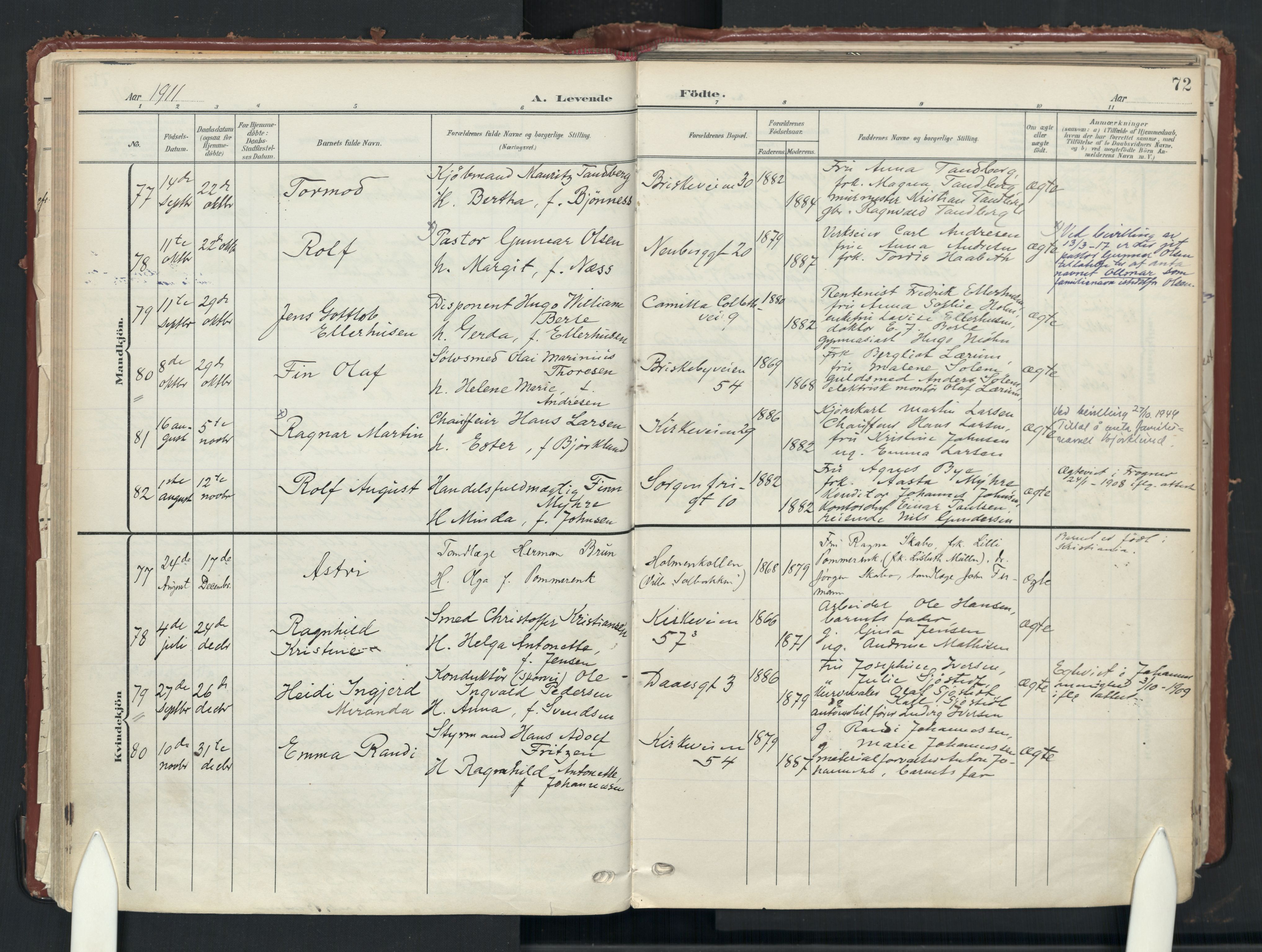 Uranienborg prestekontor Kirkebøker, AV/SAO-A-10877/F/Fa/L0010: Parish register (official) no. I 10, 1907-1928, p. 72
