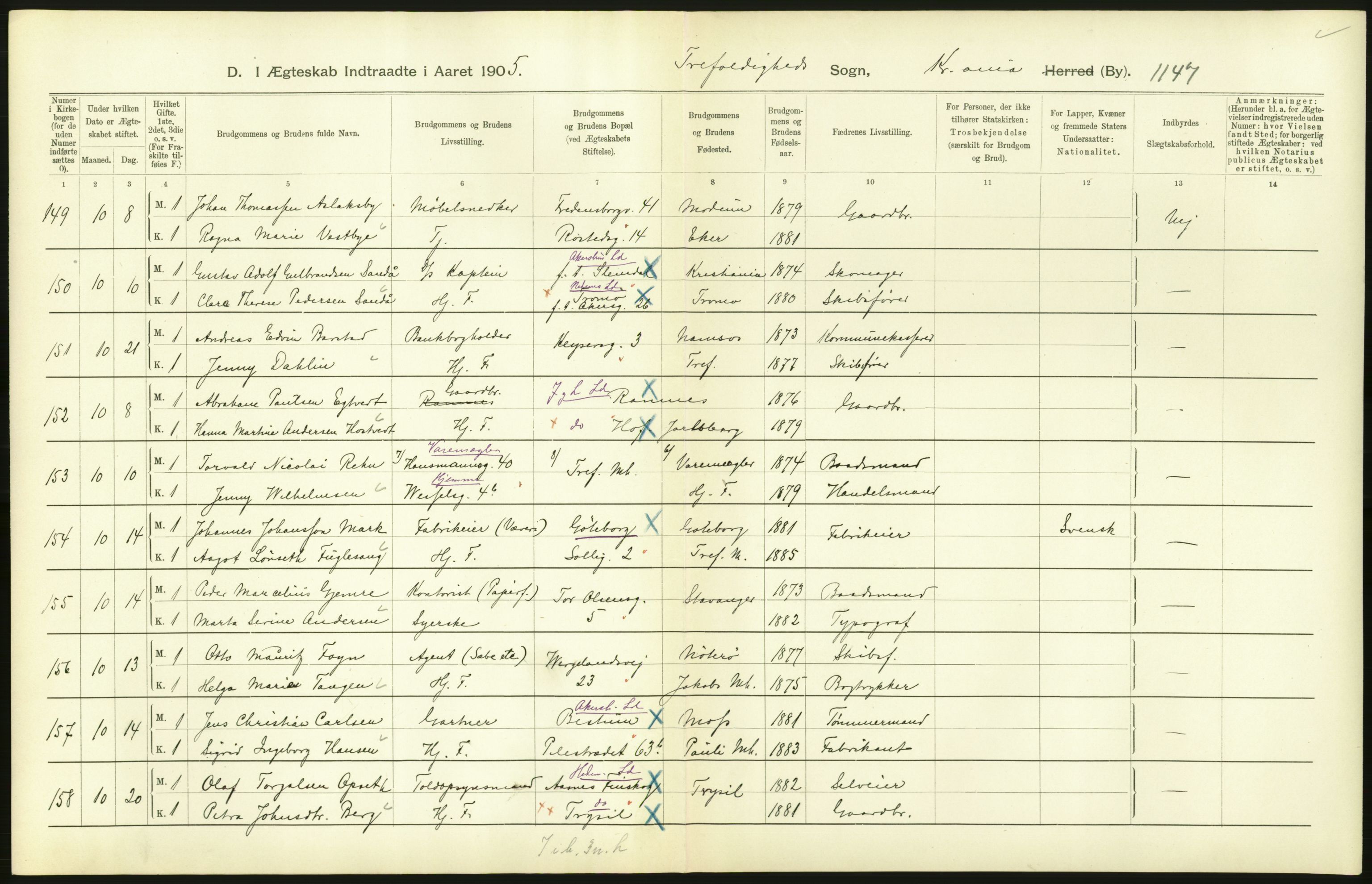 Statistisk sentralbyrå, Sosiodemografiske emner, Befolkning, AV/RA-S-2228/D/Df/Dfa/Dfac/L0007b: Kristiania: Gifte, 1905, p. 266