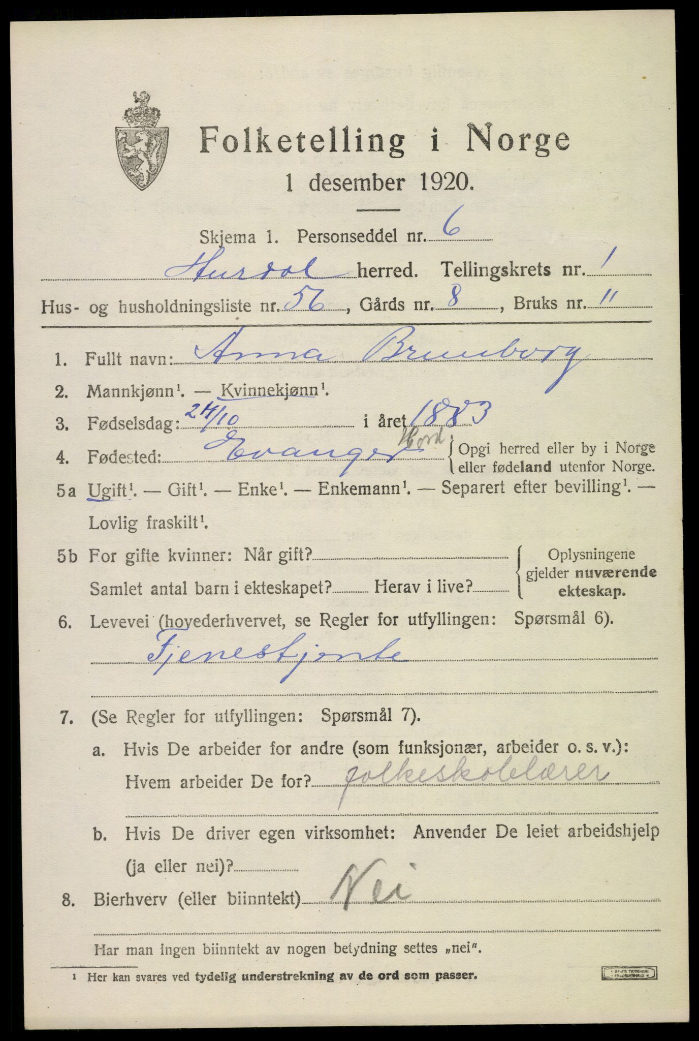 SAO, 1920 census for Hurdal, 1920, p. 1286