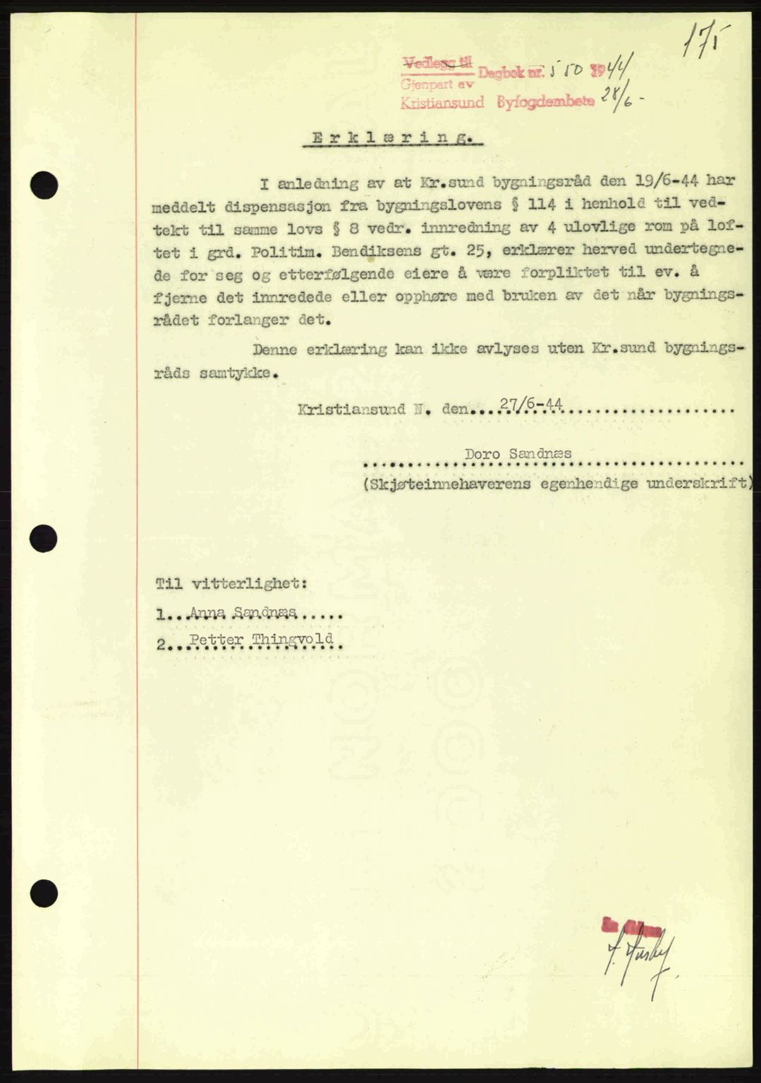 Kristiansund byfogd, SAT/A-4587/A/27: Mortgage book no. 37-38, 1943-1945, Diary no: : 550/1944
