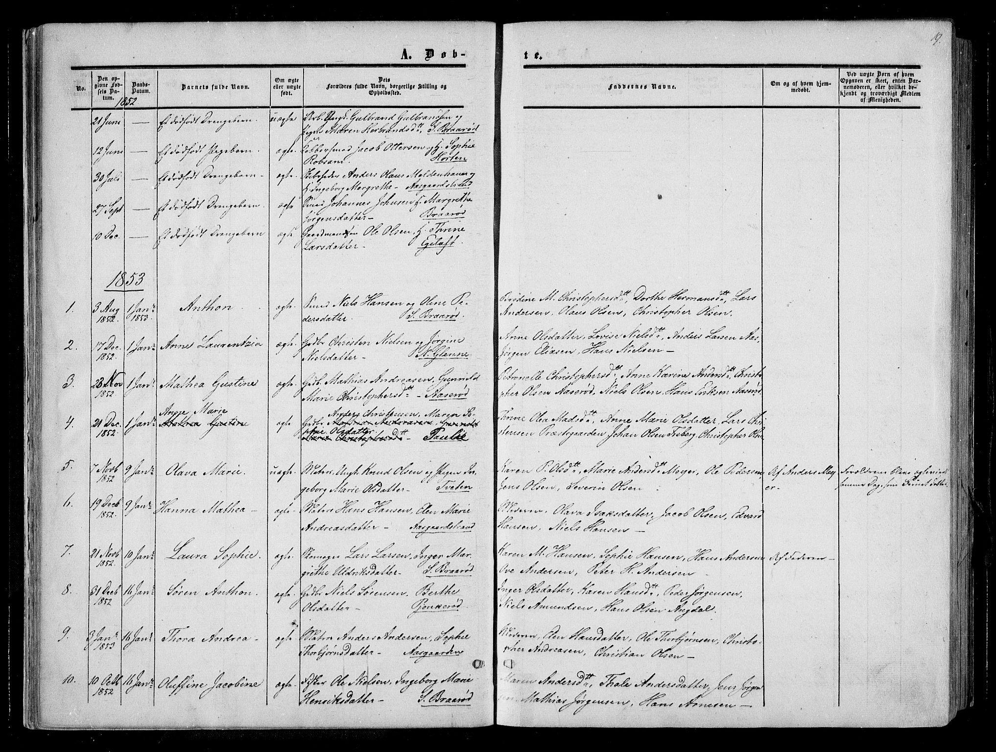 Borre kirkebøker, SAKO/A-338/F/Fa/L0006: Parish register (official) no. I 6, 1852-1862, p. 19