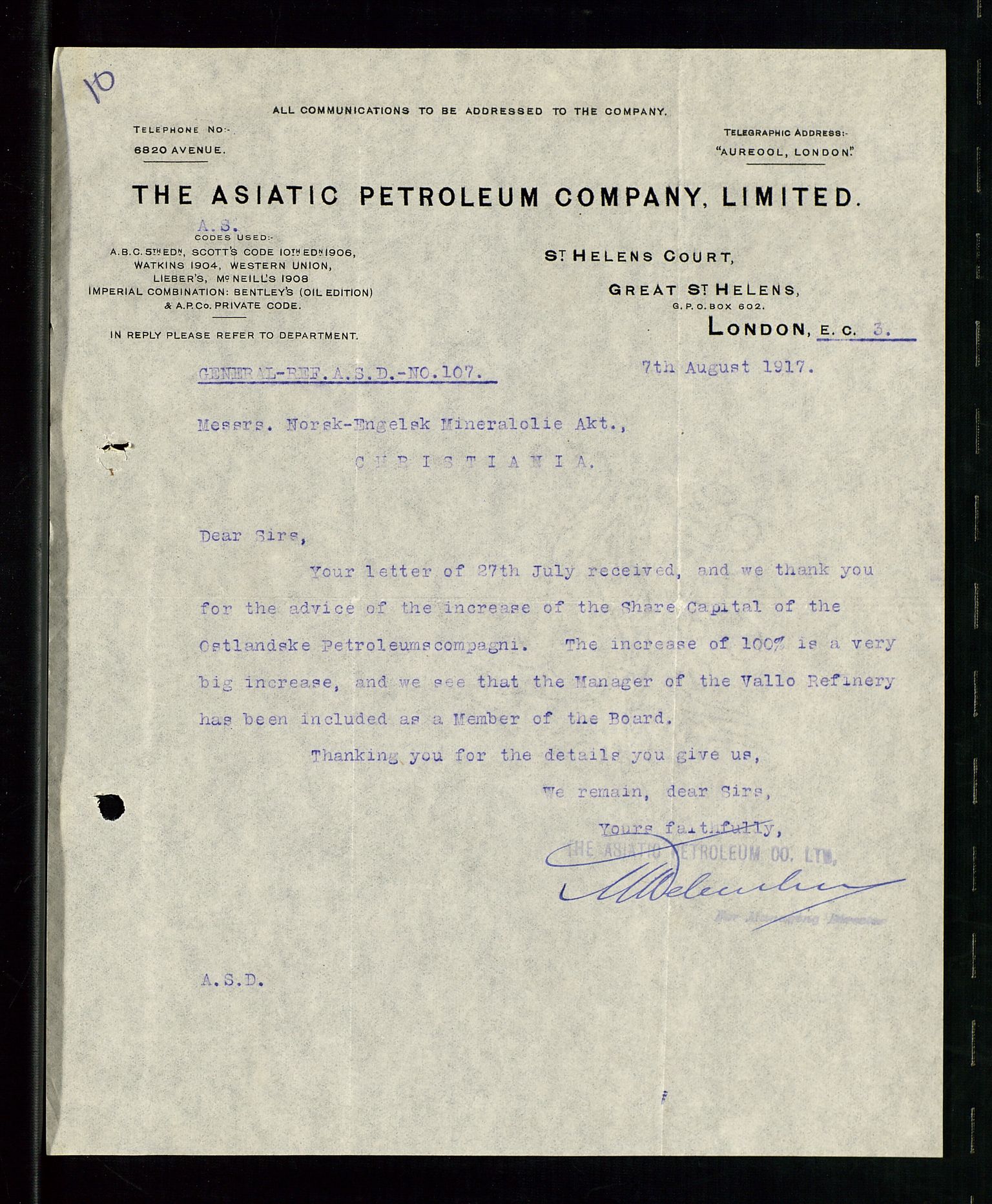 Pa 1521 - A/S Norske Shell, AV/SAST-A-101915/E/Ea/Eaa/L0001: Sjefskorrespondanse, 1917, p. 160