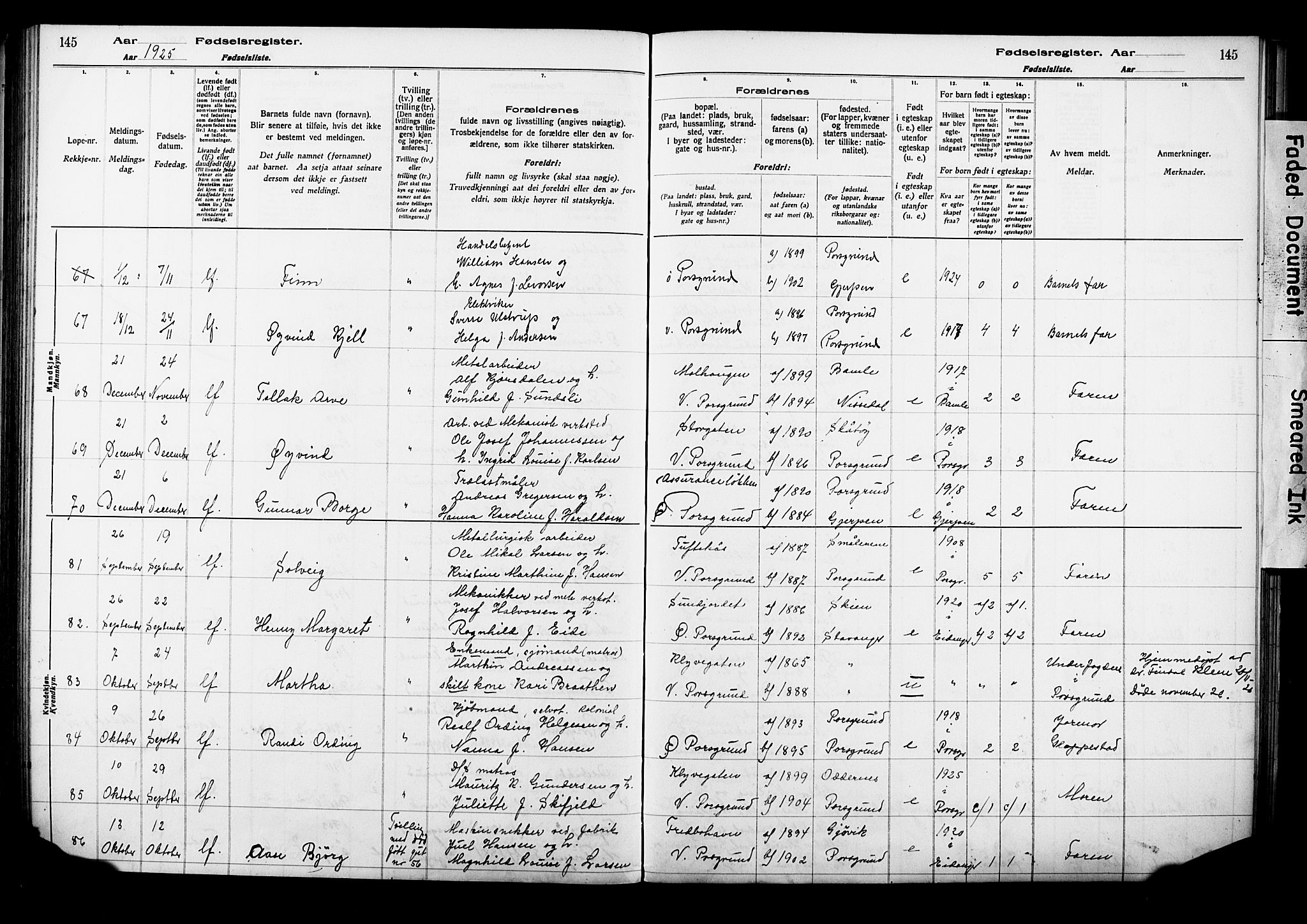 Porsgrunn kirkebøker , AV/SAKO-A-104/J/Ja/L0001: Birth register no. 1, 1916-1929, p. 145