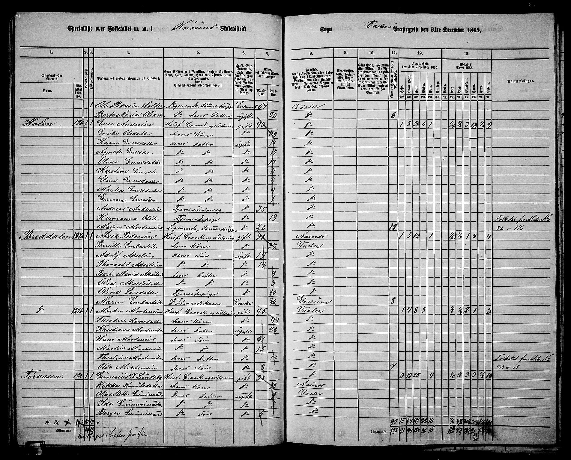RA, 1865 census for Våler, 1865, p. 70